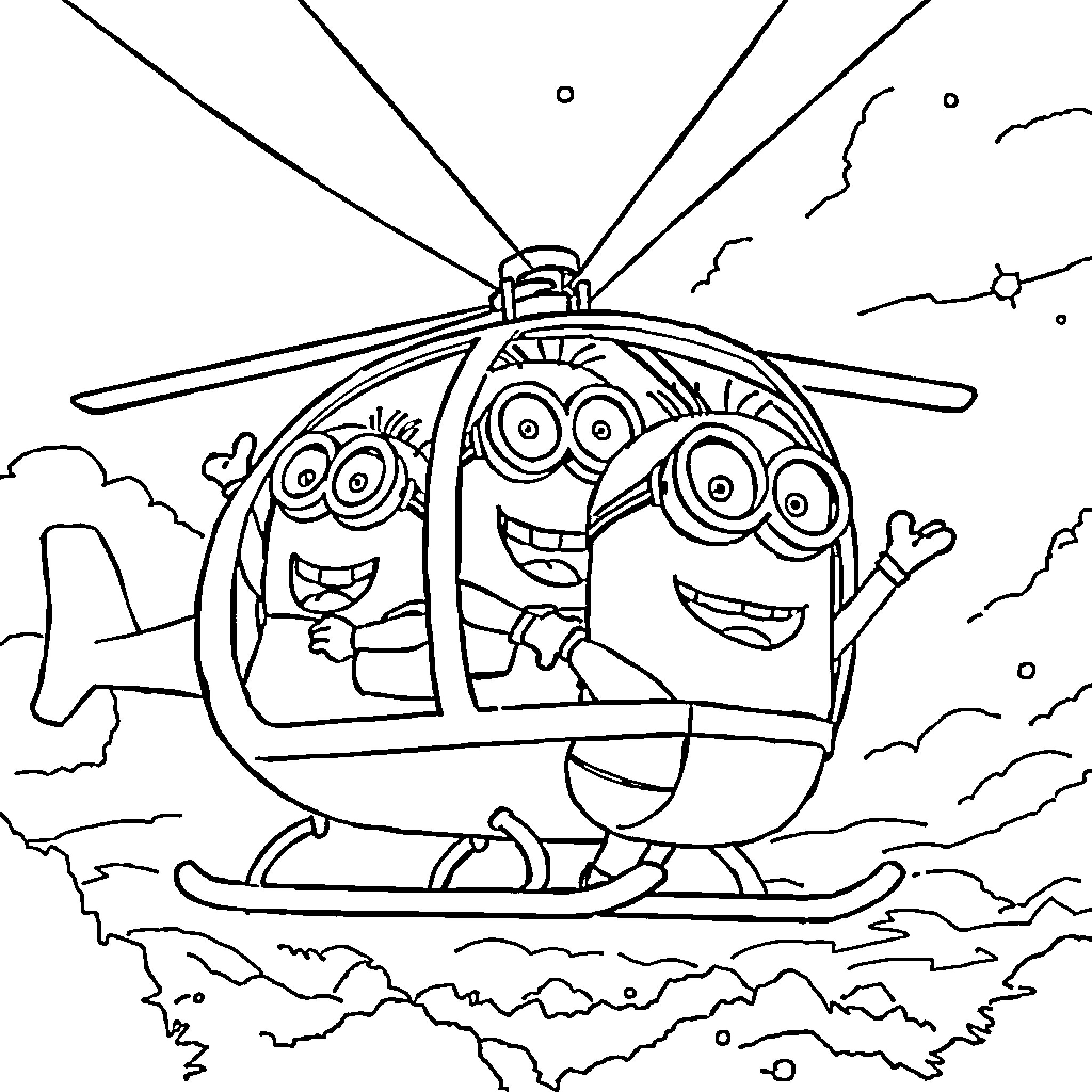 Minions riding happily in a flying helicopter Coloring Page (free black-and-white line drawing printable PDF for all, from beginners to advanced learners, including children, teens, adults, and seniors)