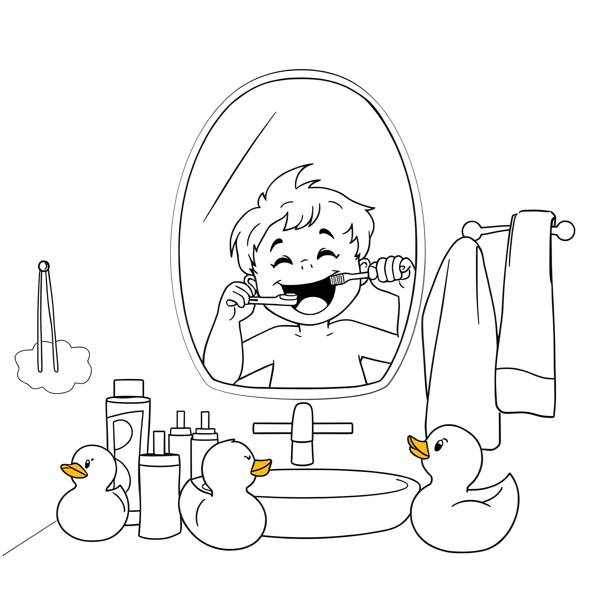 Tooth Brushing Fun in the Bathroom Coloring Page (free black-and-white line drawing printable PDF for all, from beginners to advanced learners, including children, teens, adults, and seniors)