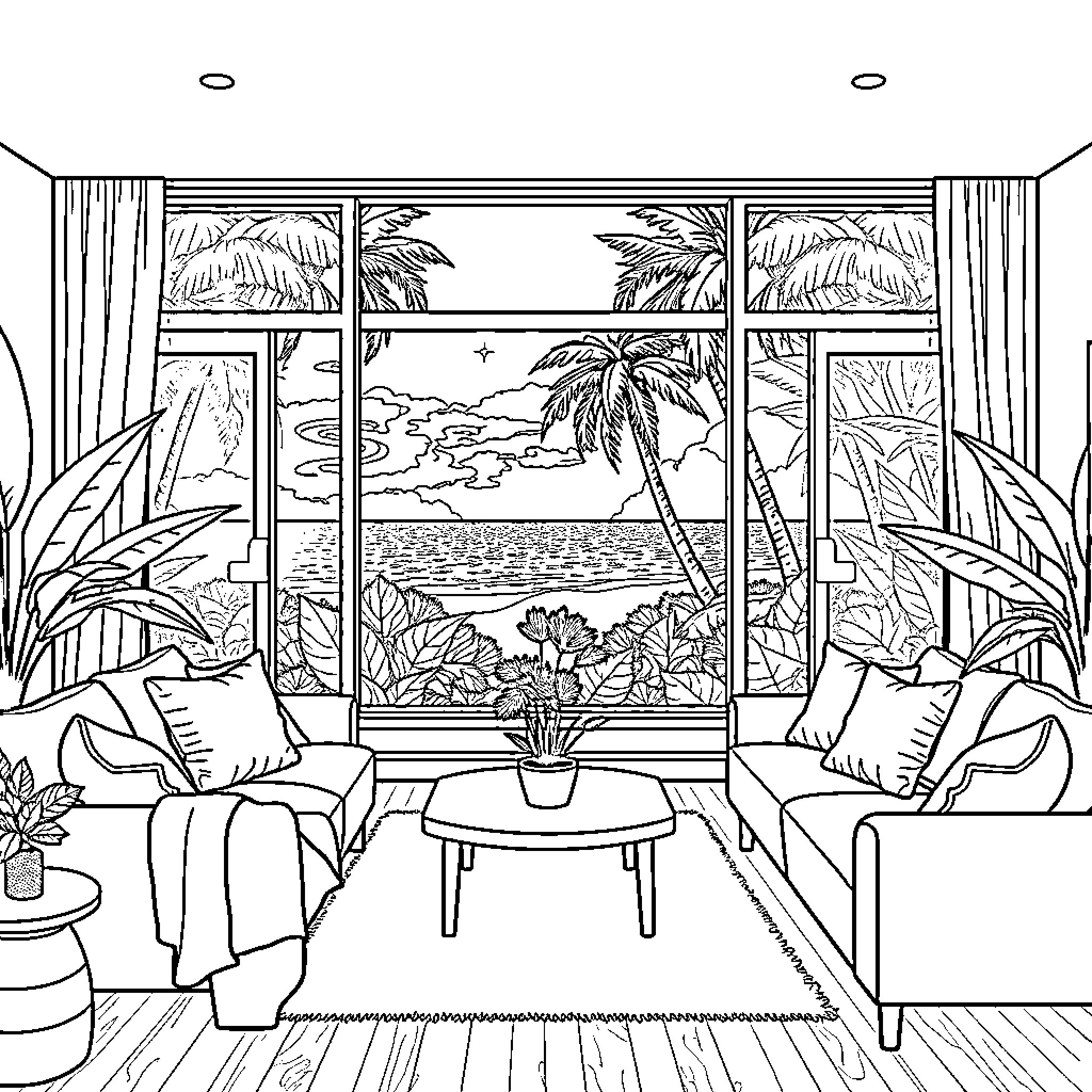 Living Room Overlooking Tropical Beach Scene Coloring Page (free black-and-white line drawing printable PDF for all, from beginners to advanced learners, including children, teens, adults, and seniors)