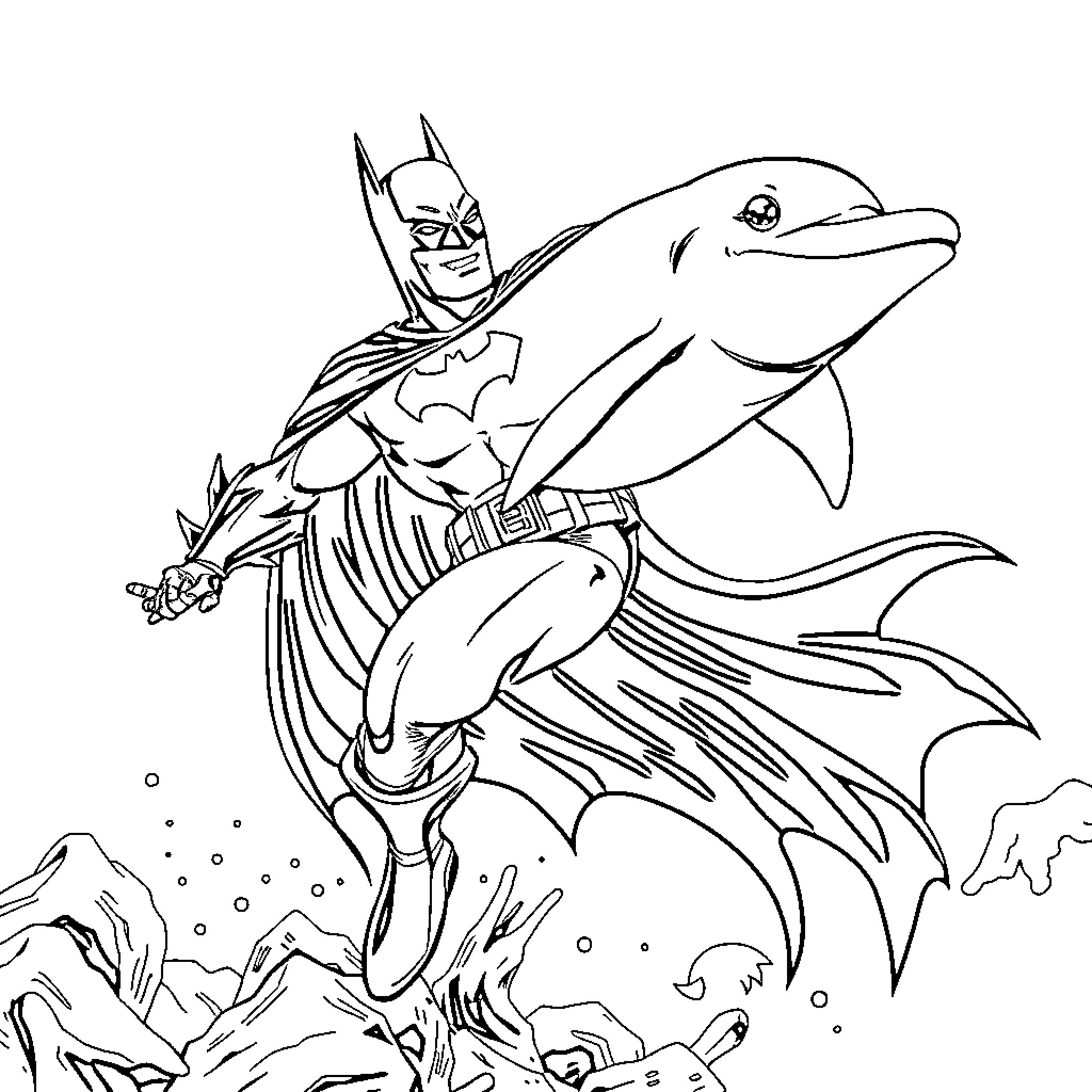 Dolphin and Batman exploring underwater adventure Coloring Page (free black-and-white line drawing printable PDF for all, from beginners to advanced learners, including children, teens, adults, and seniors)