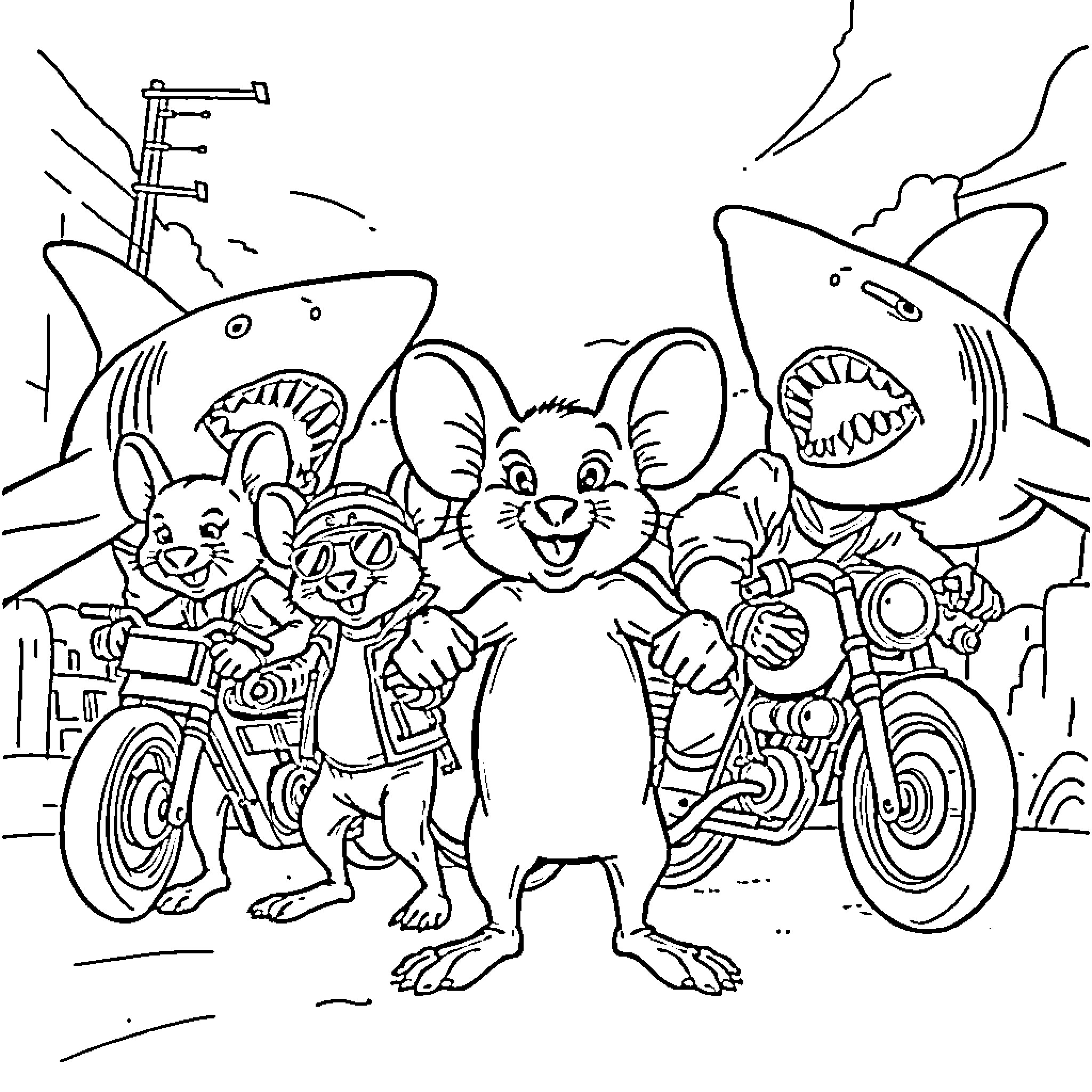 Biker Mice and Their Adventures Coloring Page (free black-and-white line drawing printable PDF for all, from beginners to advanced learners, including children, teens, adults, and seniors)