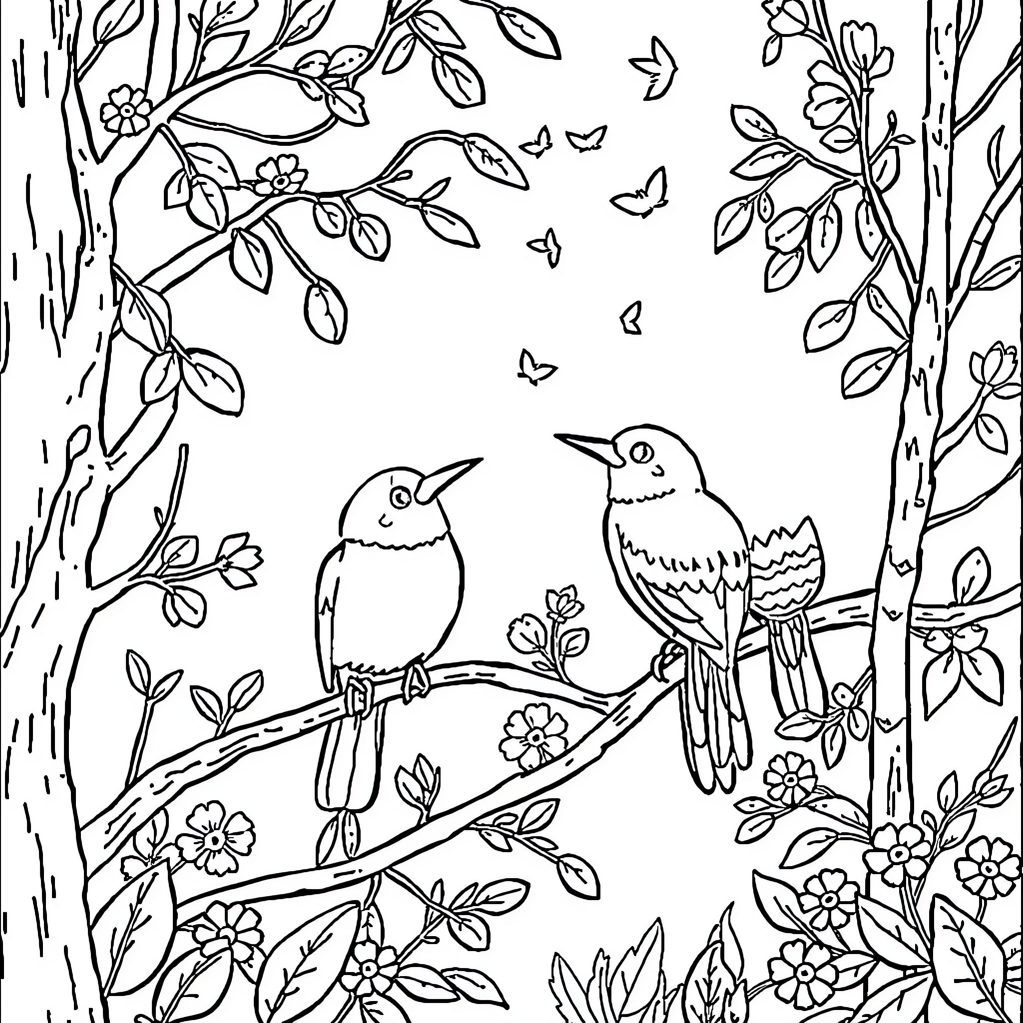 Birds resting on floral branches Coloring Page (free black-and-white line drawing printable PDF for all, from beginners to advanced learners, including children, teens, adults, and seniors)
