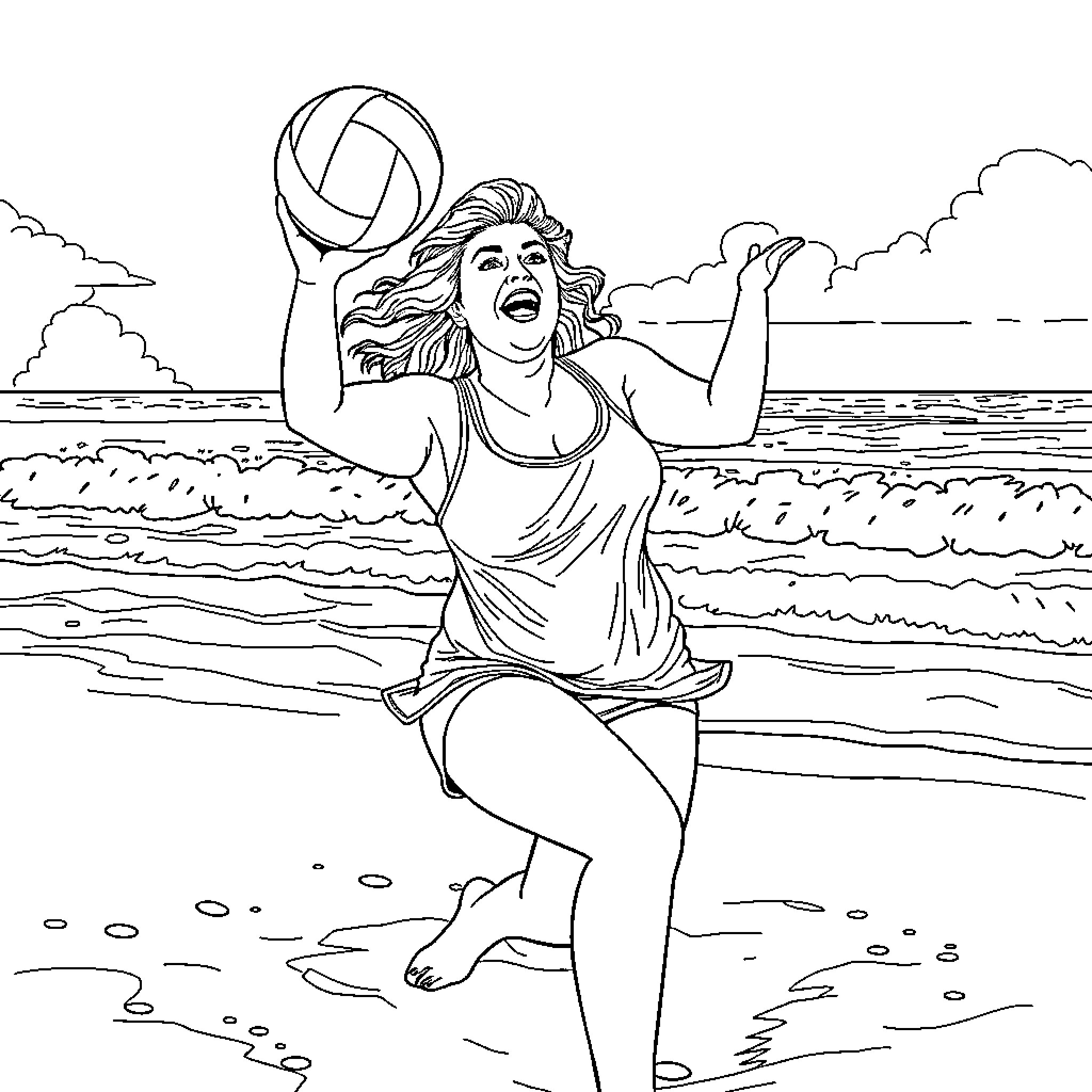 Susan Boyle enjoying a playful day at the beach Coloring Page (free black-and-white line drawing printable PDF for all, from beginners to advanced learners, including children, teens, adults, and seniors)