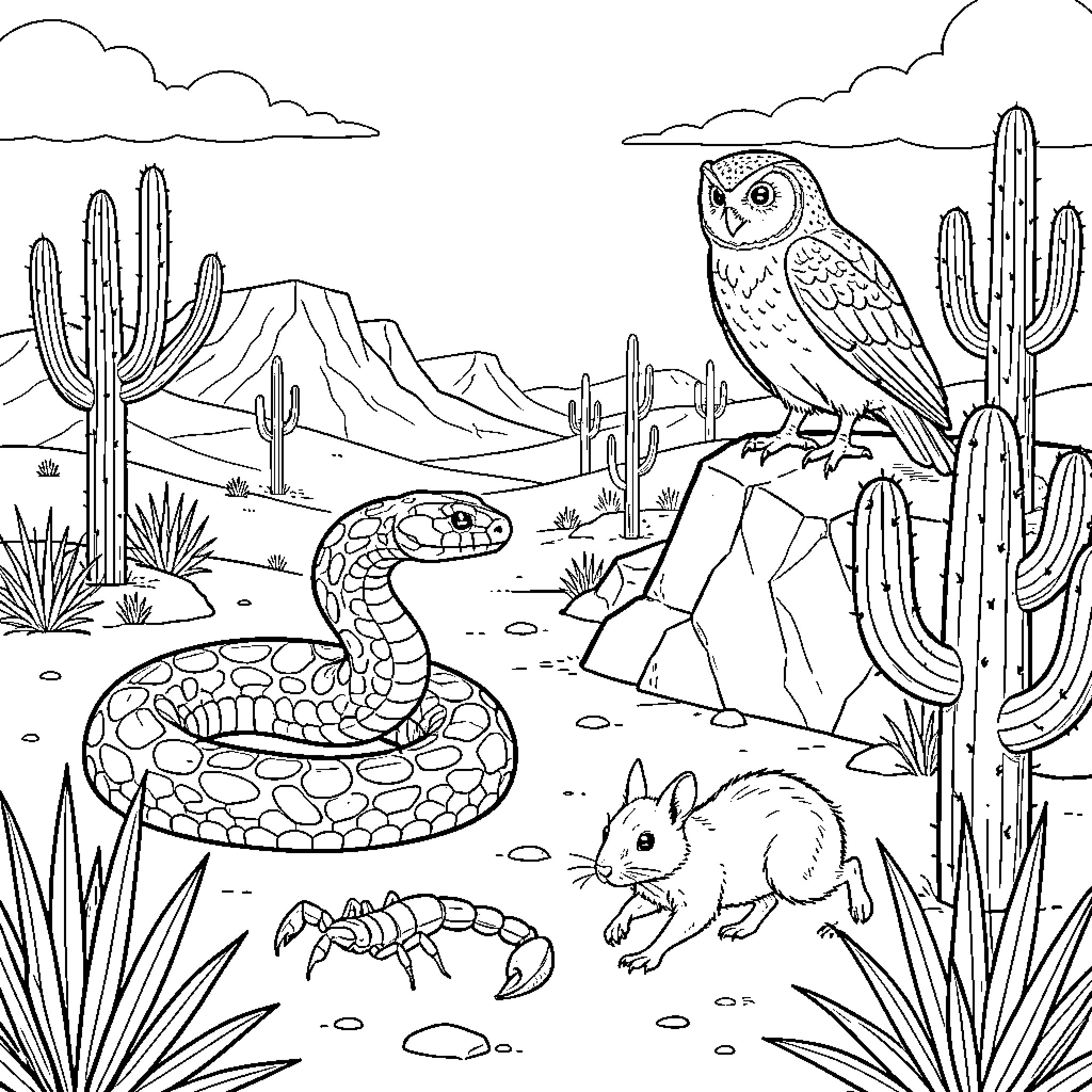 Desert wildlife interacting among cacti and rocks Coloring Page (free black-and-white line drawing printable PDF for all, from beginners to advanced learners, including children, teens, adults, and seniors)
