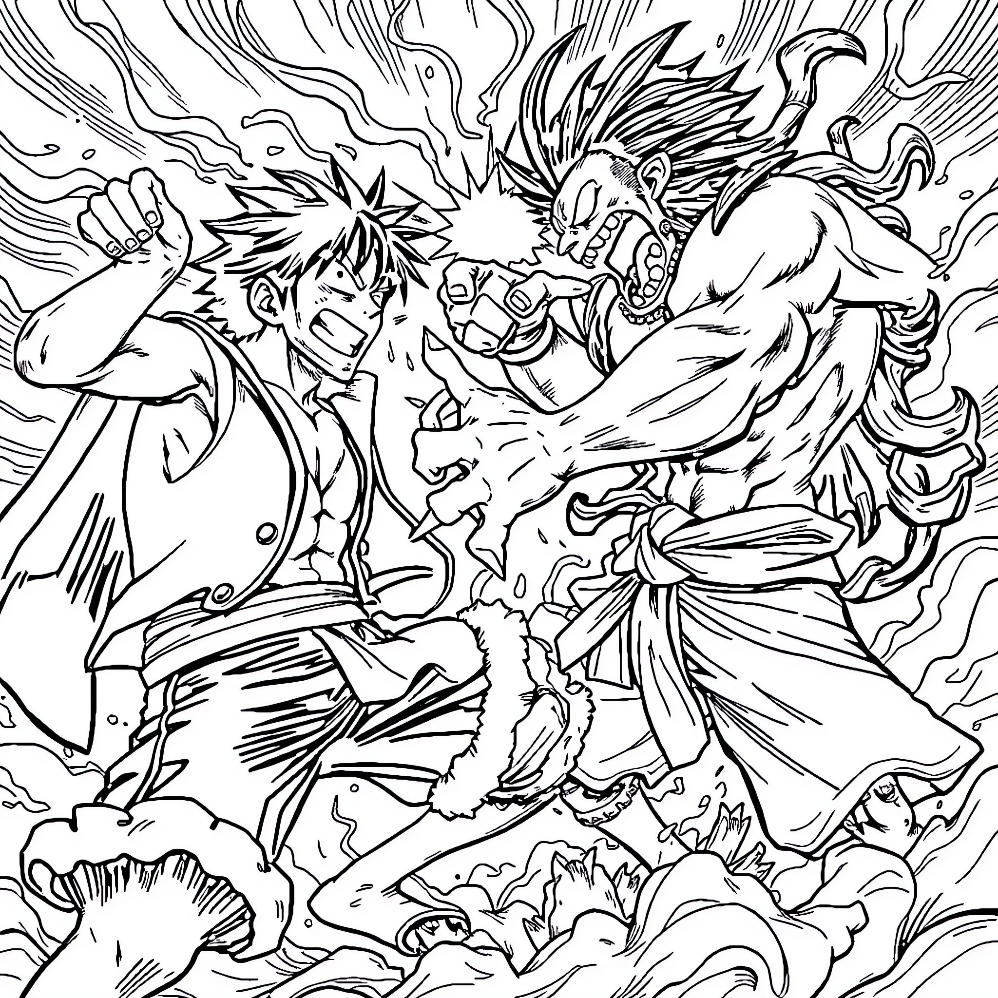 Luffy's Intense Battle with a Formidable Opponent Coloring Page (free black-and-white line drawing printable PDF for all, from beginners to advanced learners, including children, teens, adults, and seniors)