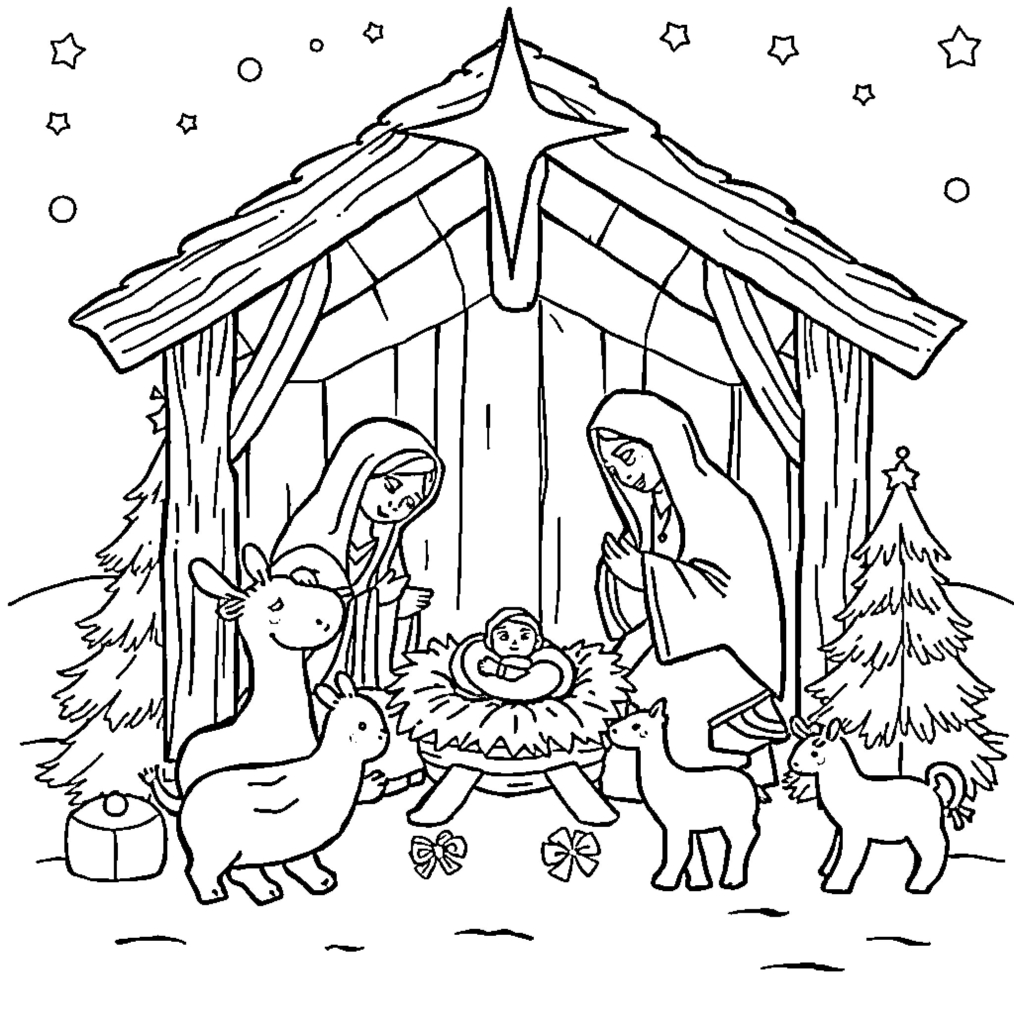 Nativity scene with holy figures, animals, and a starry night Coloring Page (free black-and-white line drawing printable PDF for all, from beginners to advanced learners, including children, teens, adults, and seniors)
