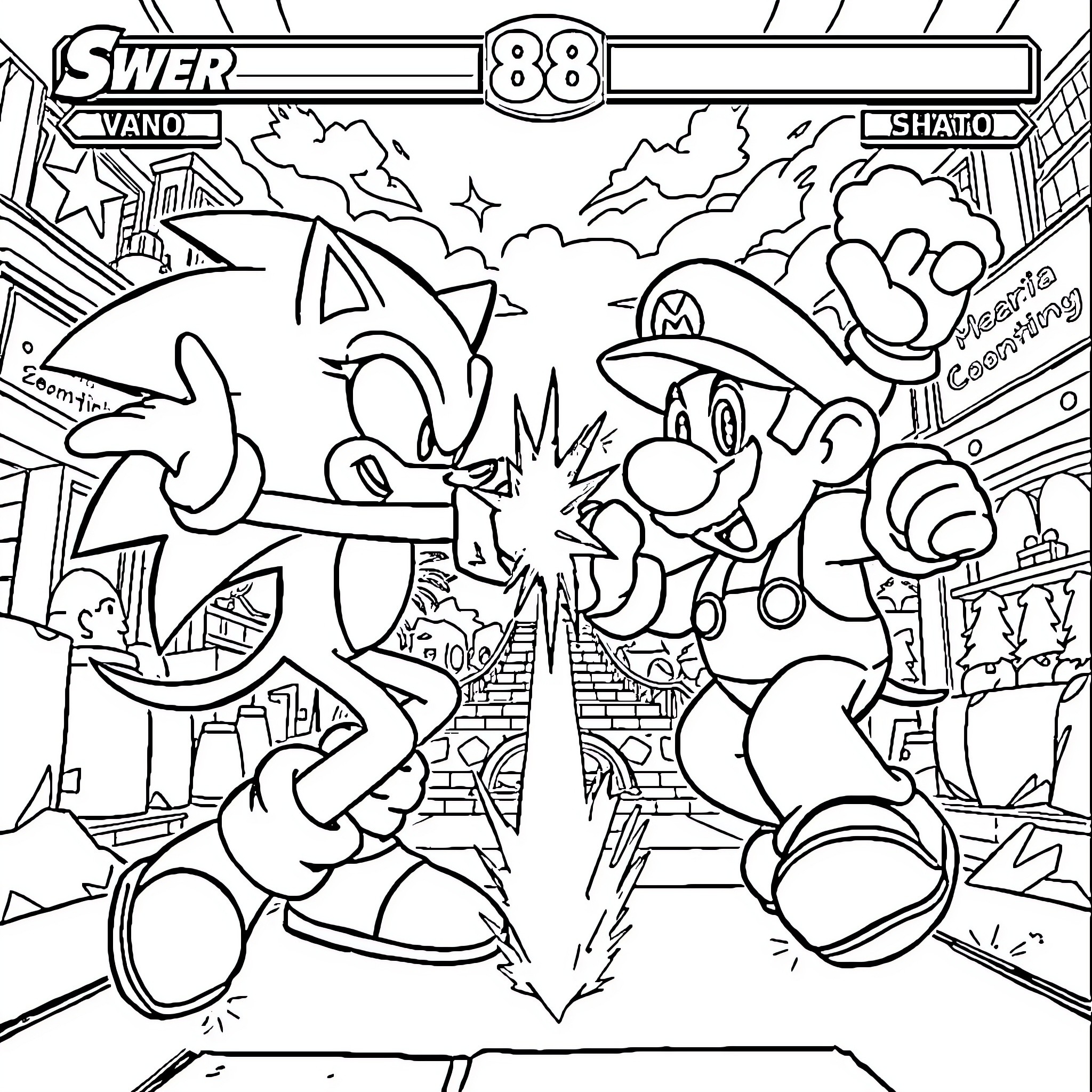 Sonic characters engaged in lively action Coloring Page (free black-and-white line drawing printable PDF for all, from beginners to advanced learners, including children, teens, adults, and seniors)
