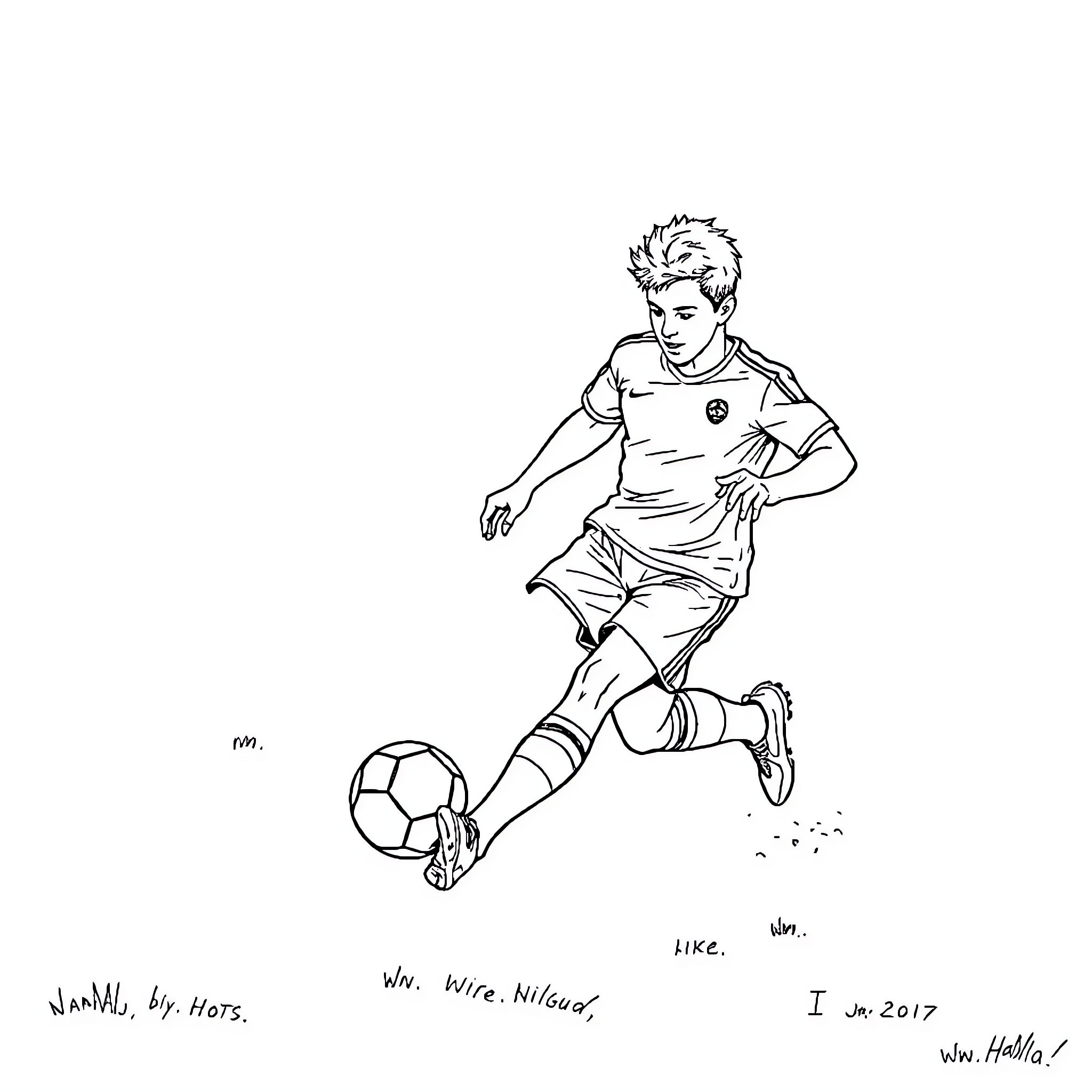 Soccer Player Dribbling the Ball with Energy Coloring Page (free black-and-white line drawing printable PDF for all, from beginners to advanced learners, including children, teens, adults, and seniors)