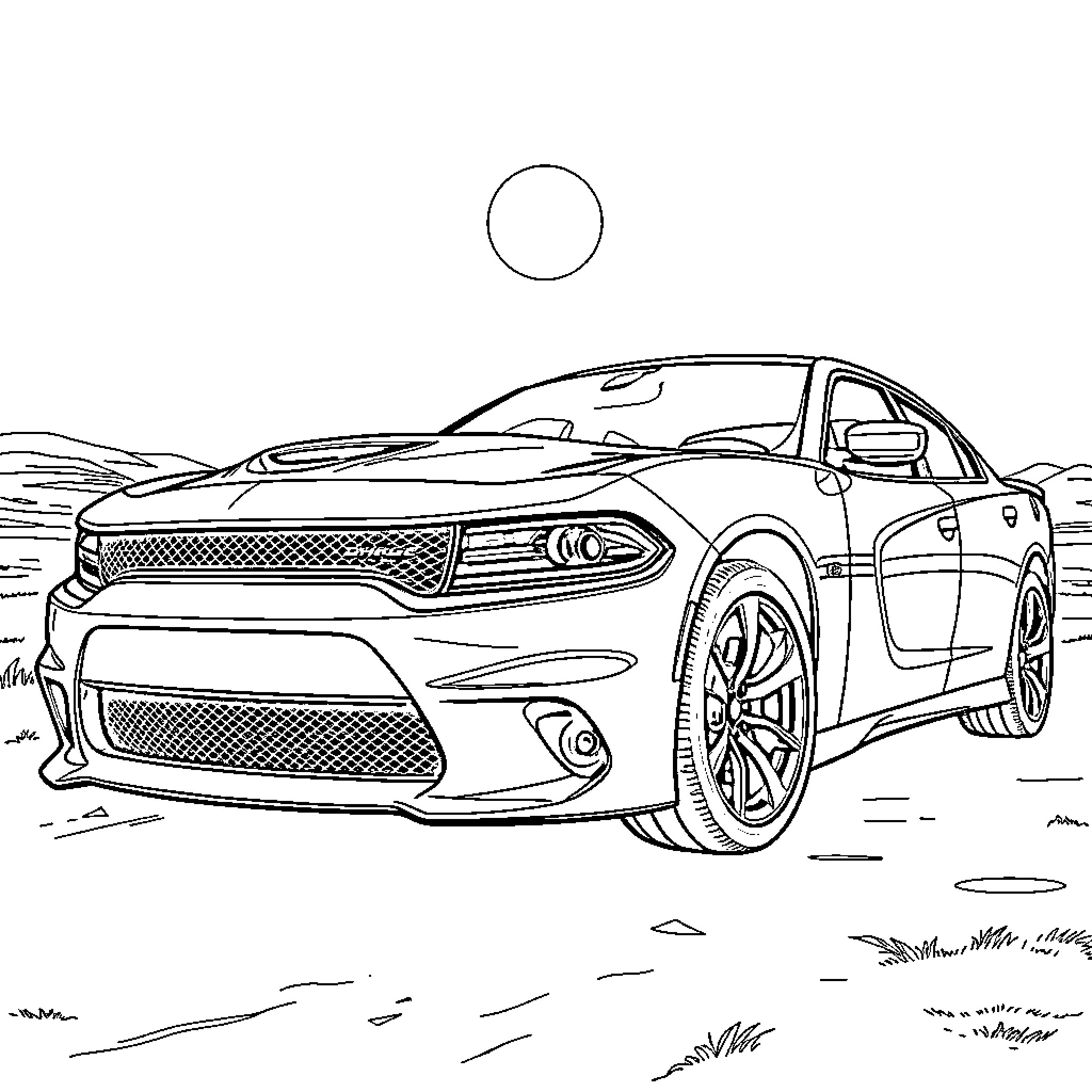 Dodge Charger racing on the open road Coloring Page (free black-and-white line drawing printable PDF for all, from beginners to advanced learners, including children, teens, adults, and seniors)