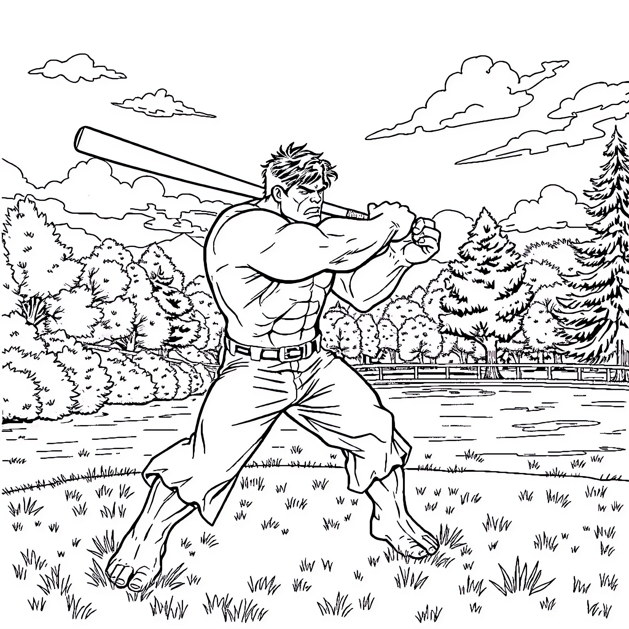 Hulk Battles Foes in Outdoor Landscape Coloring Page (free black-and-white line drawing printable PDF for all, from beginners to advanced learners, including children, teens, adults, and seniors)