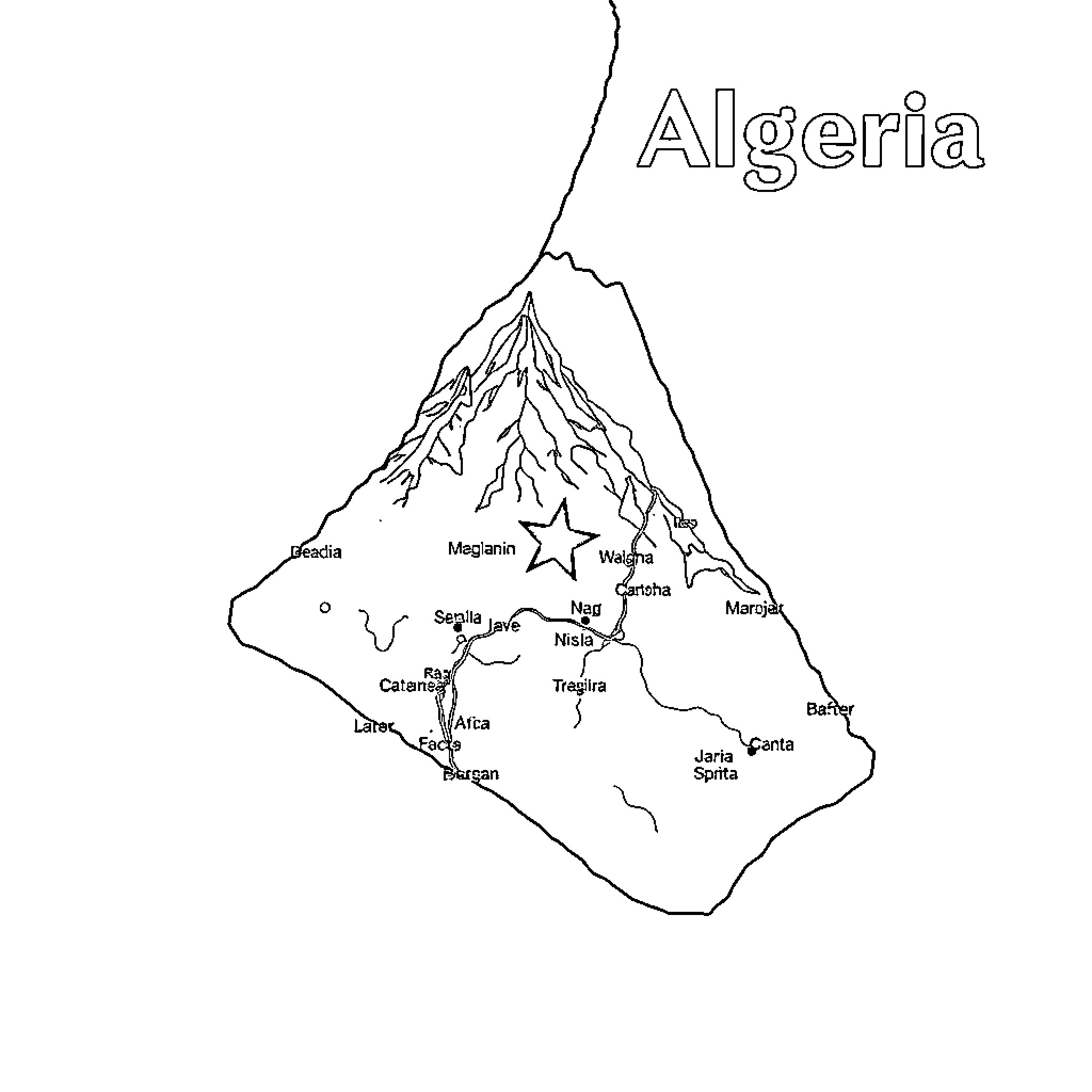 Map of major cities and geographic features in Algeria Coloring Page (free black-and-white line drawing printable PDF for all, from beginners to advanced learners, including children, teens, adults, and seniors)