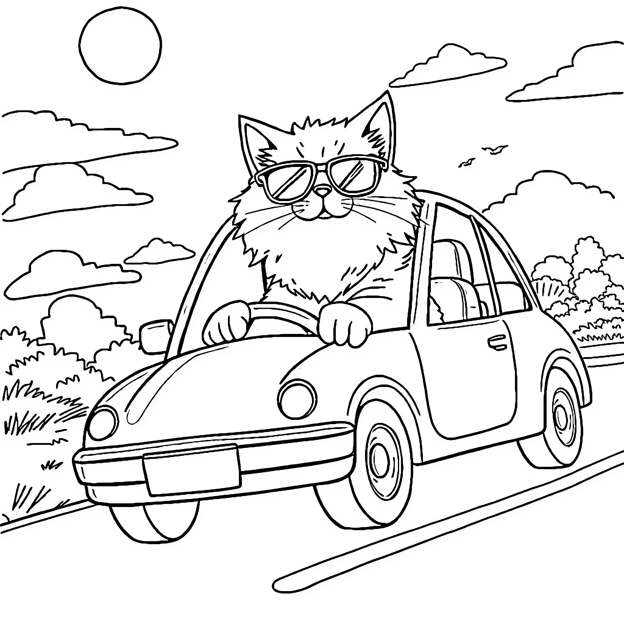 Cat driving a car through a scenic landscape Coloring Page (free black-and-white line drawing printable PDF for all, from beginners to advanced learners, including children, teens, adults, and seniors)