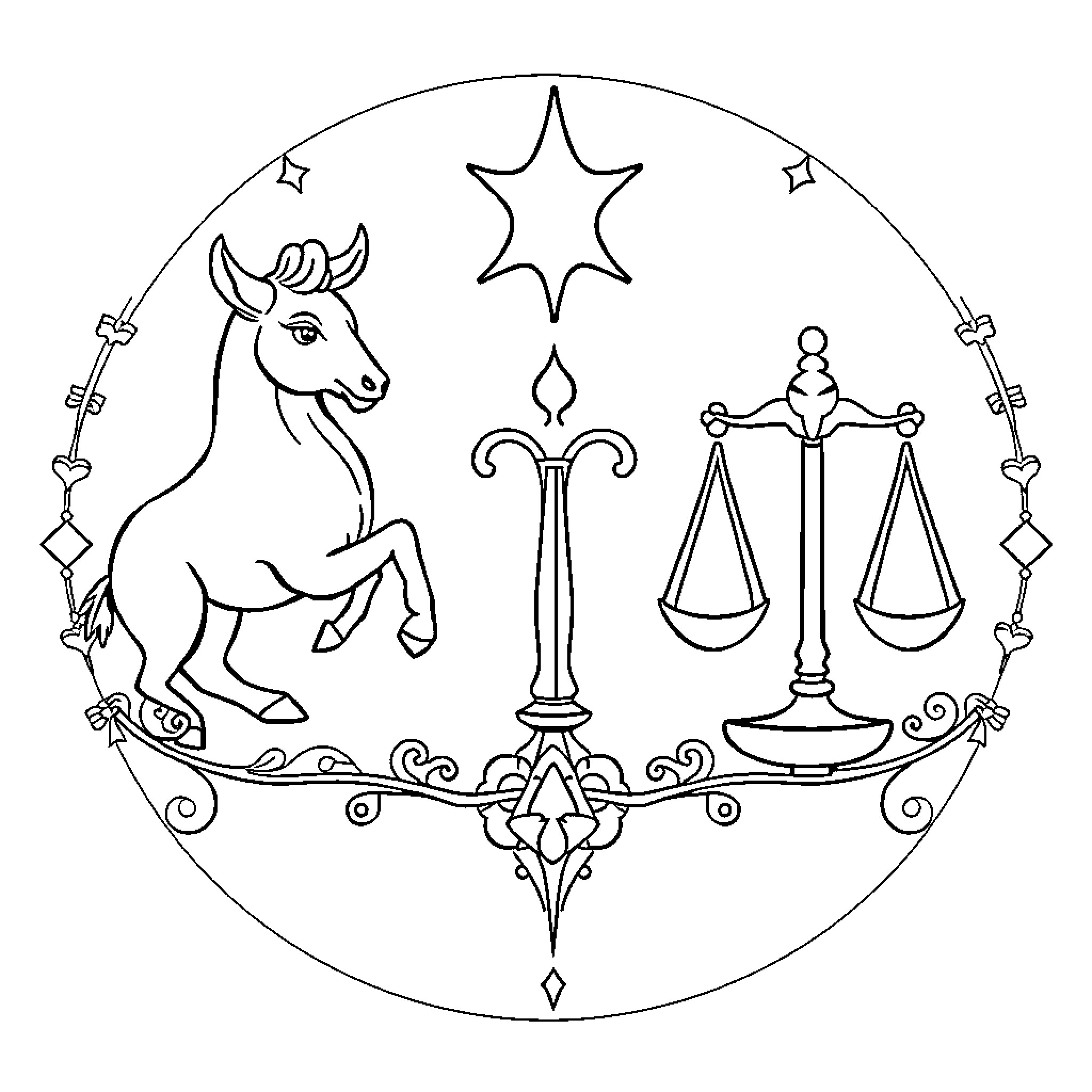 Compass of astrological and symbolic elements Coloring Page (free black-and-white line drawing printable PDF for all, from beginners to advanced learners, including children, teens, adults, and seniors)