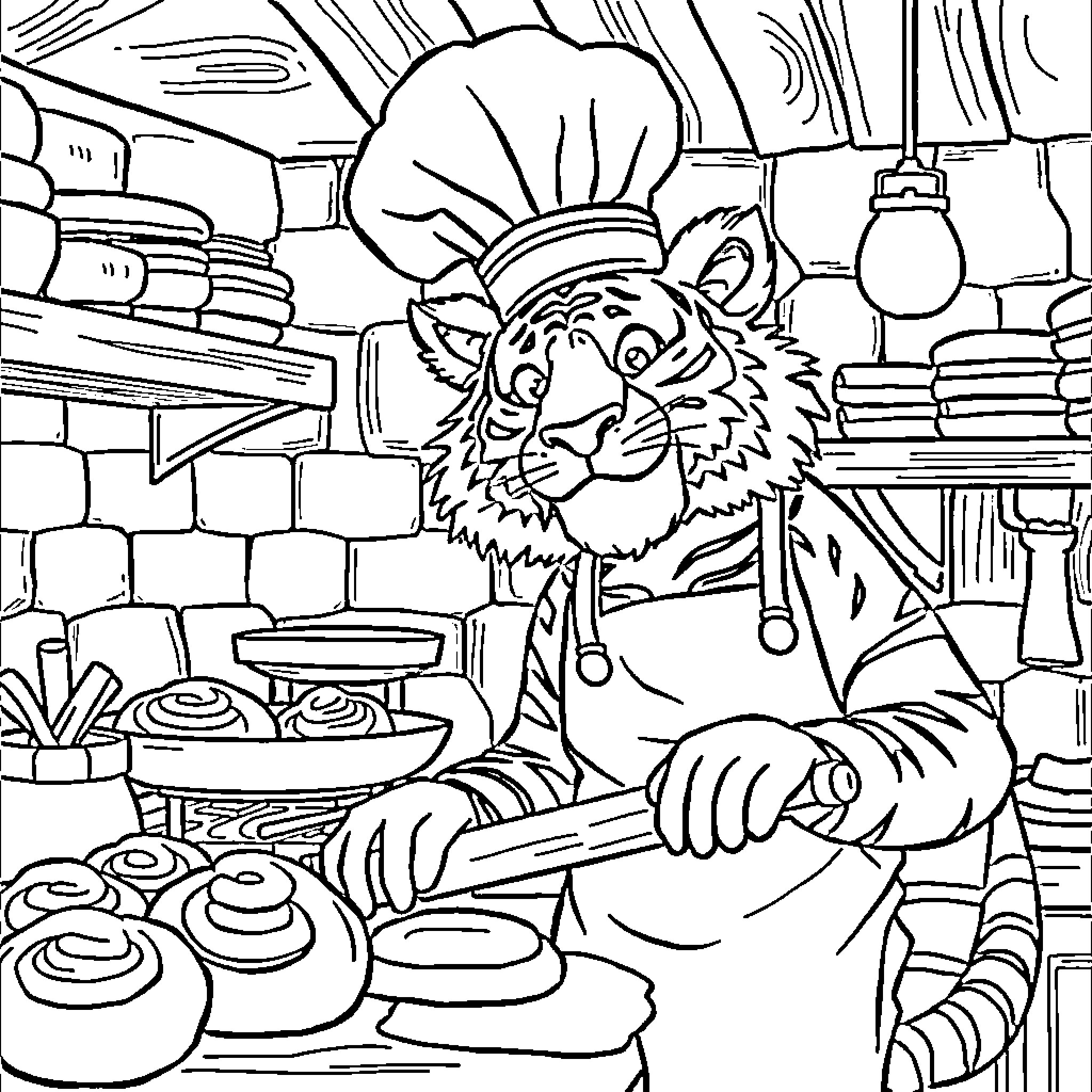 Tiger chef baking in the kitchen Coloring Page (free black-and-white line drawing printable PDF for all, from beginners to advanced learners, including children, teens, adults, and seniors)