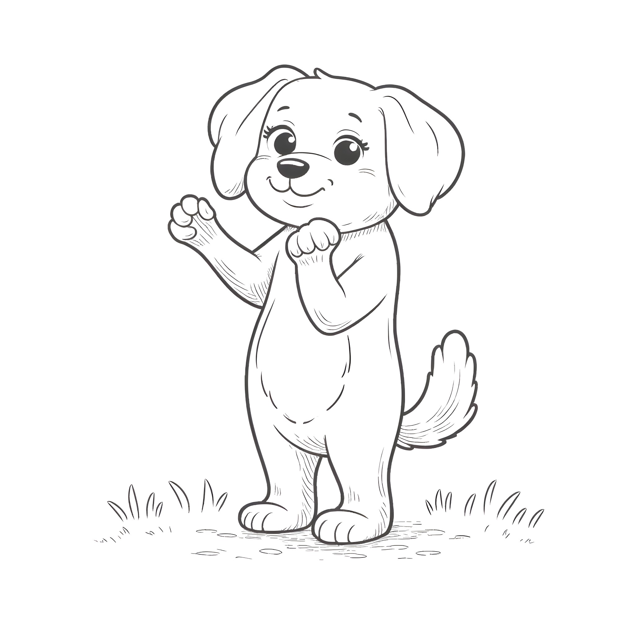 Bluey dog waving and sitting in the grass Coloring Page (free black-and-white line drawing printable PDF for all, from beginners to advanced learners, including children, teens, adults, and seniors)