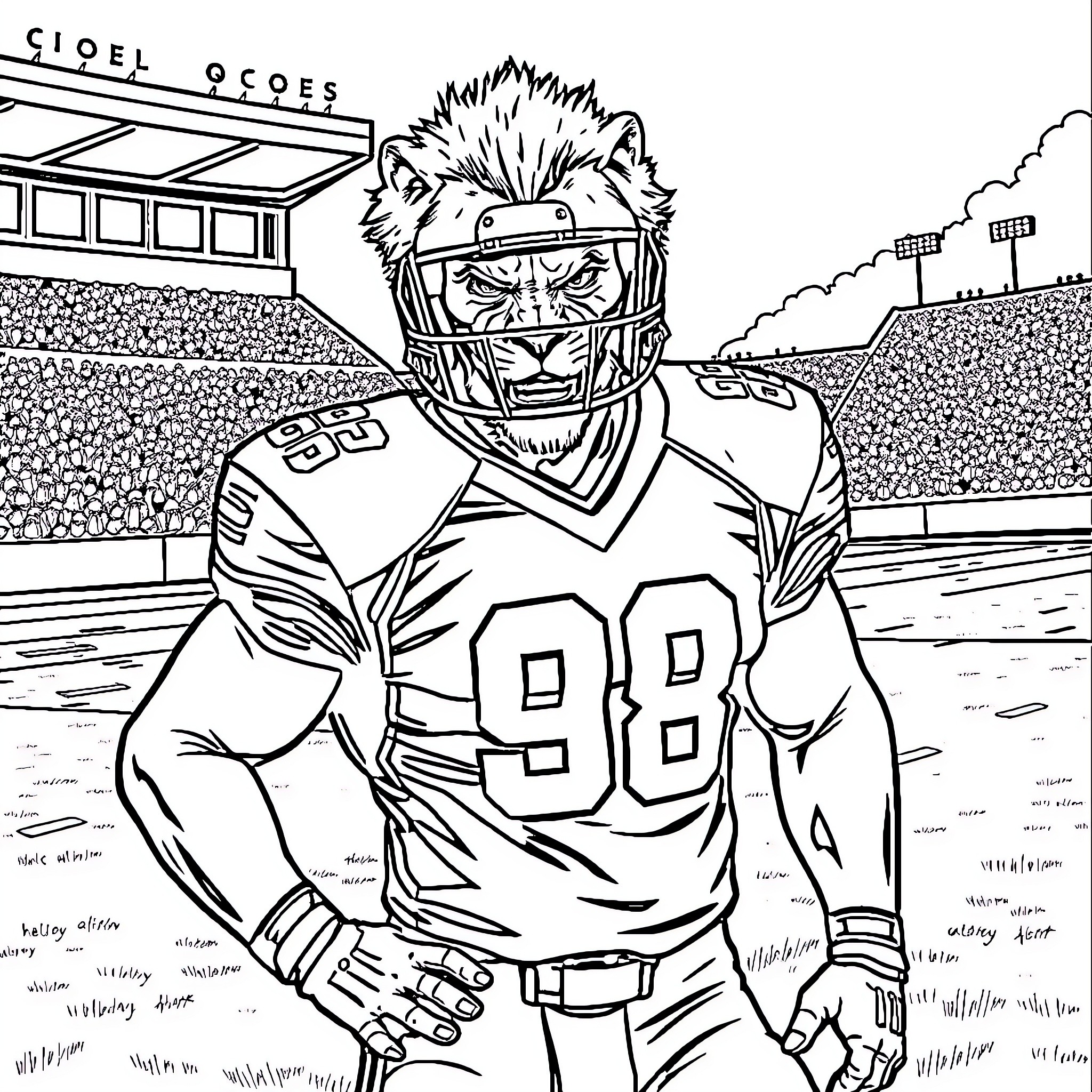 Football Player on the Field in Action Coloring Page (free black-and-white line drawing printable PDF for all, from beginners to advanced learners, including children, teens, adults, and seniors)