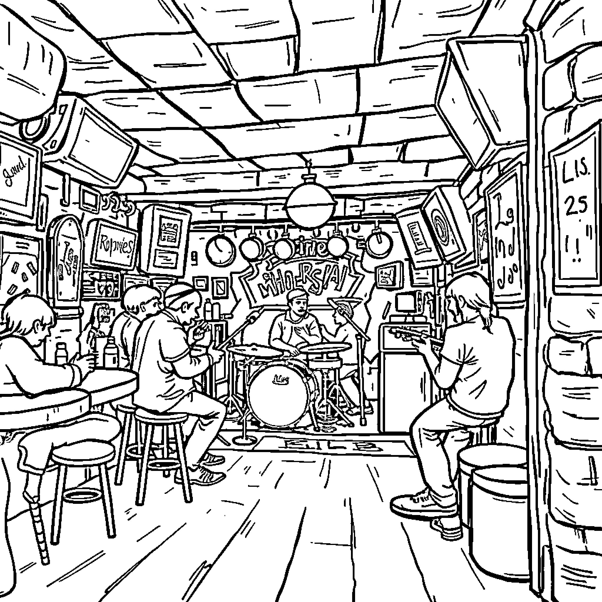 Dive Bar Jam Session with Musicians and Patrons Coloring Page (free black-and-white line drawing printable PDF for all, from beginners to advanced learners, including children, teens, adults, and seniors)