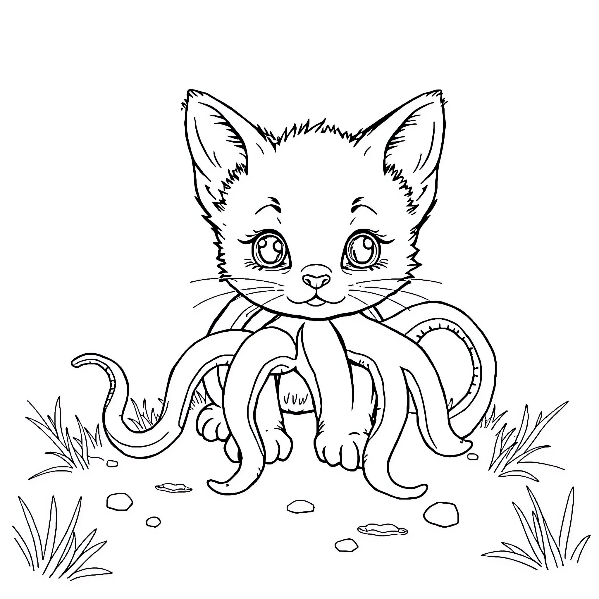 Kitten exploring the outdoors with curiosity Coloring Page (free black-and-white line drawing printable PDF for all, from beginners to advanced learners, including children, teens, adults, and seniors)