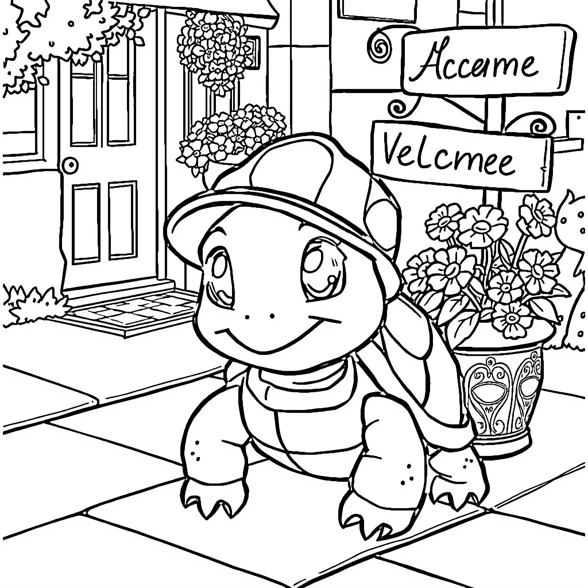 Turtle greeting visitors at a welcoming entrance Coloring Page (free black-and-white line drawing printable PDF for all, from beginners to advanced learners, including children, teens, adults, and seniors)