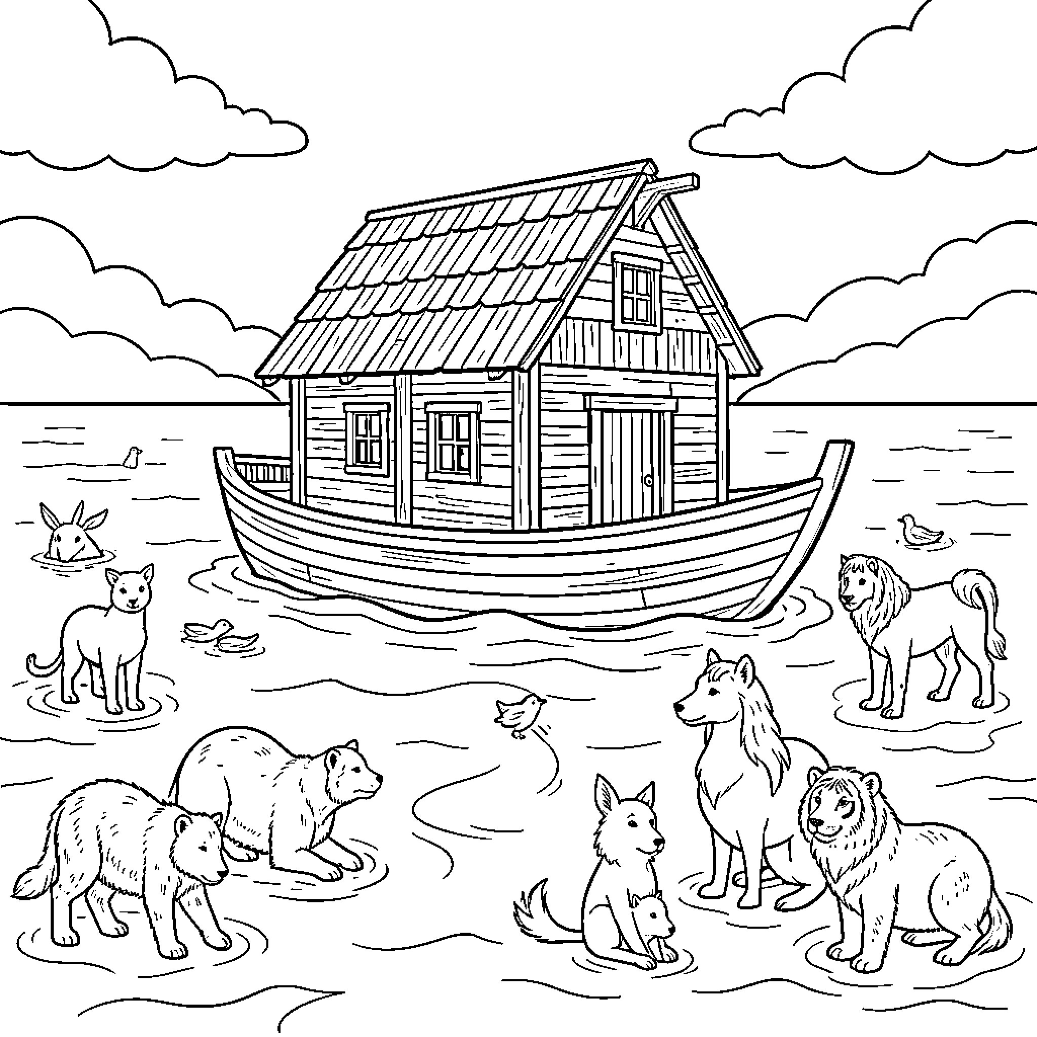 Noah's Ark with animals gathering by the wooden boat Coloring Page (free black-and-white line drawing printable PDF for all, from beginners to advanced learners, including children, teens, adults, and seniors)