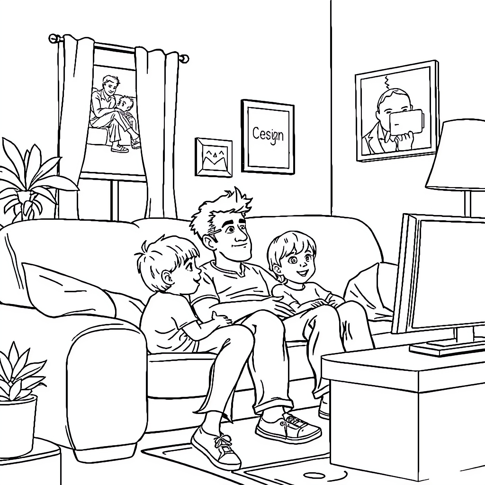 Dad and Kids Relaxing at Home Together Coloring Page (free black-and-white line drawing printable PDF for all, from beginners to advanced learners, including children, teens, adults, and seniors)