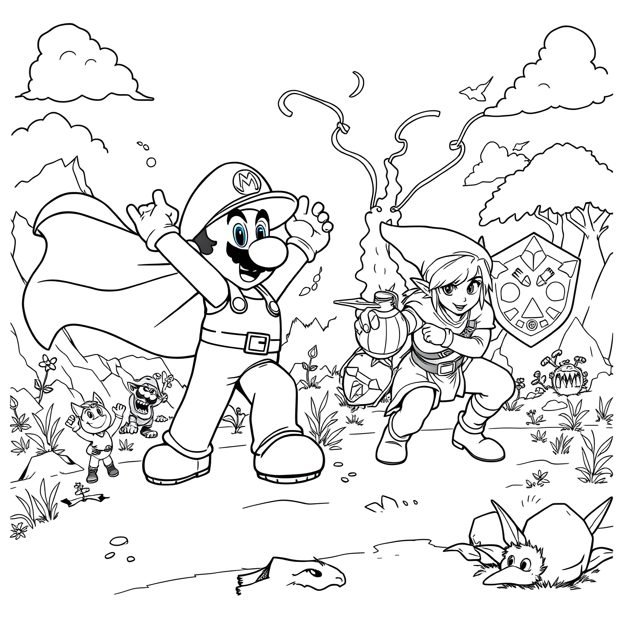 Mario and Friends Adventuring in the Enchanted Forest Coloring Page (free black-and-white line drawing printable PDF for all, from beginners to advanced learners, including children, teens, adults, and seniors)