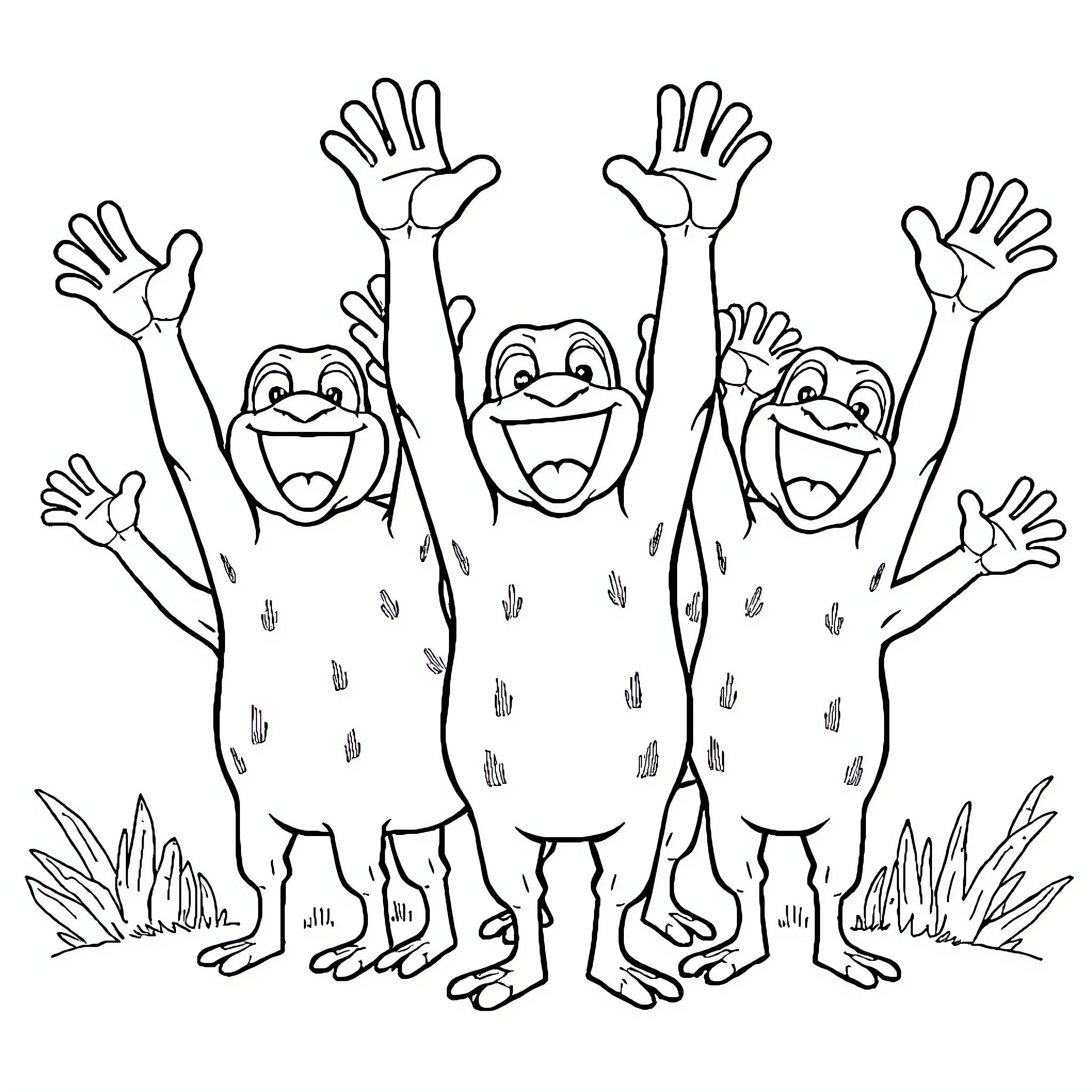Labubu Friends Celebrating and Waving Happily Coloring Page (free black-and-white line drawing printable PDF for all, from beginners to advanced learners, including children, teens, adults, and seniors)