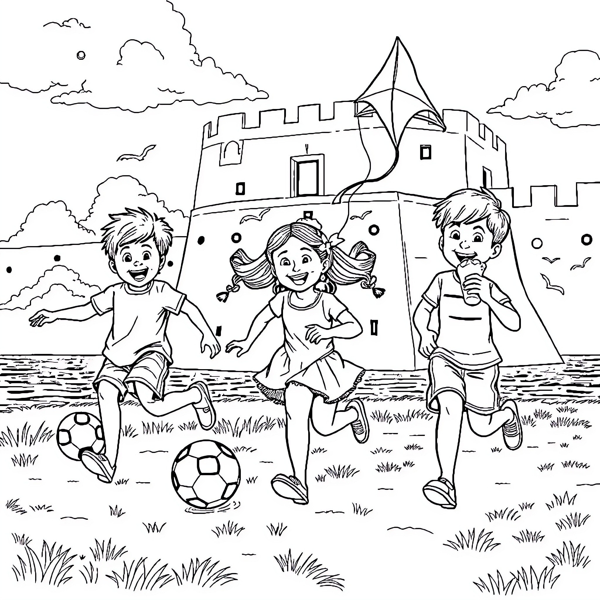 Kid playing happily with friends near castle Coloring Page (free black-and-white line drawing printable PDF for all, from beginners to advanced learners, including children, teens, adults, and seniors)