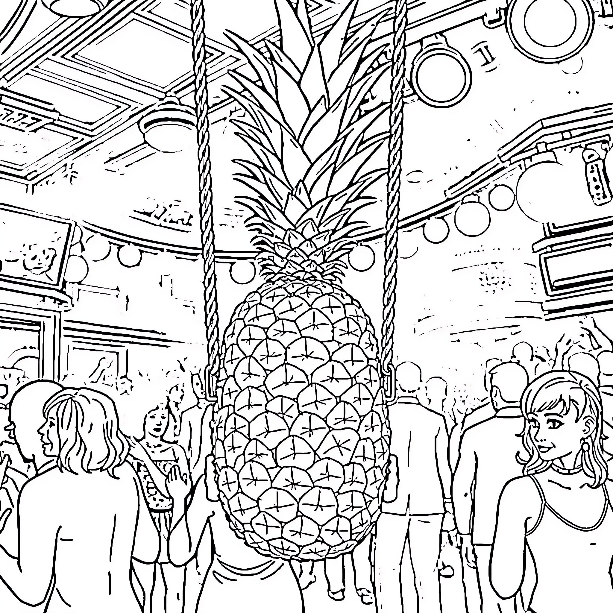 Pineapple festival with lively crowd Coloring Page (free black-and-white line drawing printable PDF for all, from beginners to advanced learners, including children, teens, adults, and seniors)