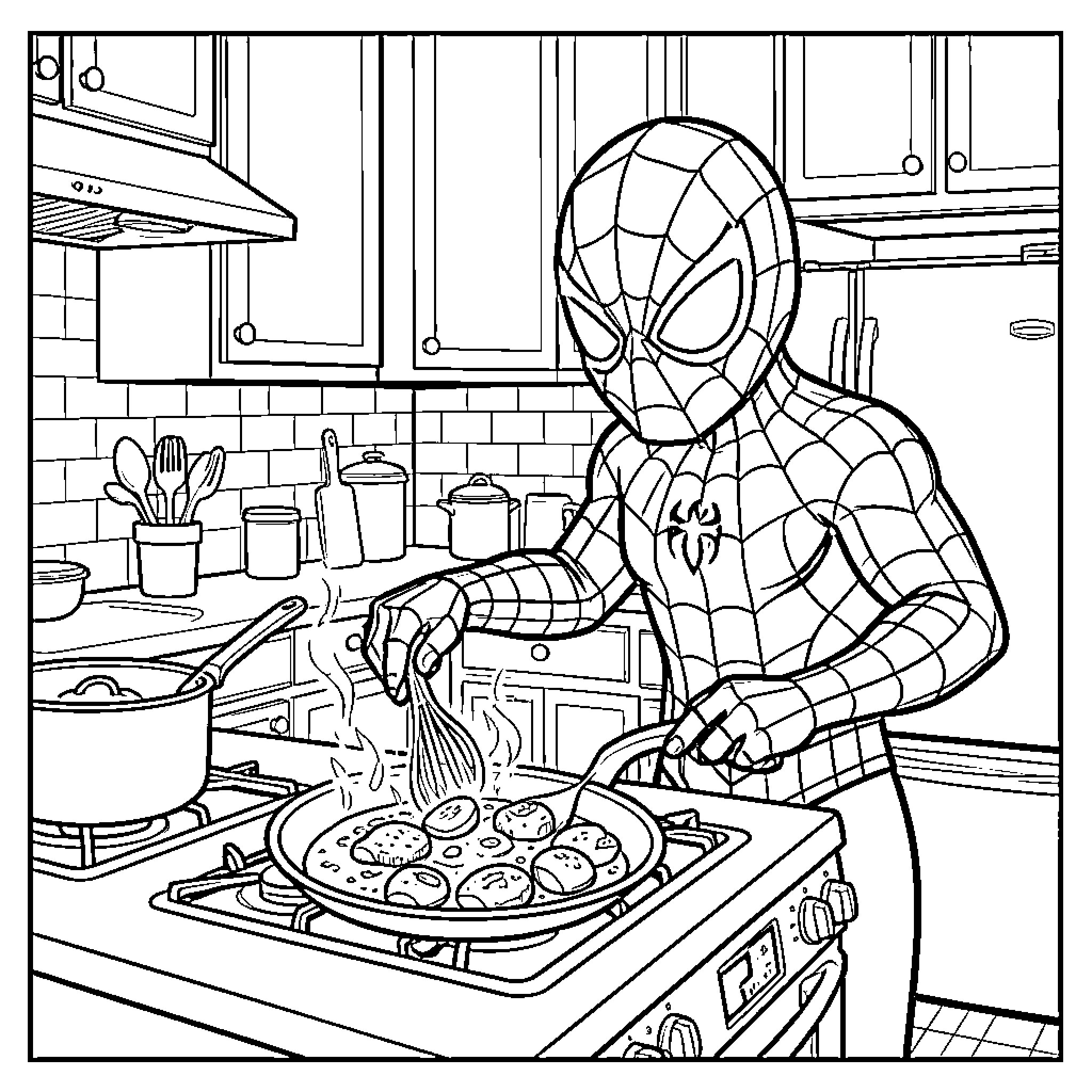 Spider superhero cooking food in a kitchen Coloring Page (free black-and-white line drawing printable PDF for all, from beginners to advanced learners, including children, teens, adults, and seniors)