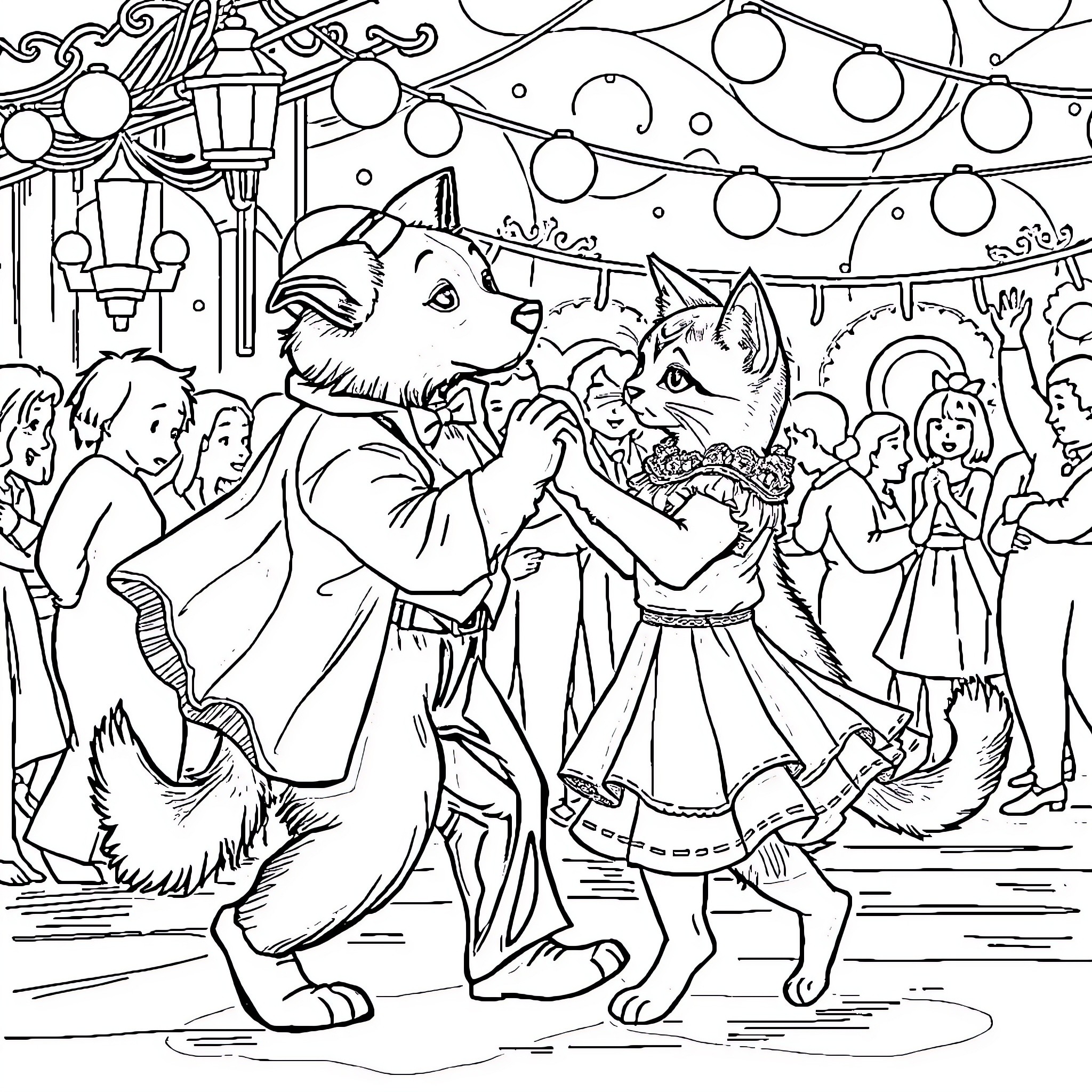 Dog and Cat Dancing at Carnival Festival Coloring Page (free black-and-white line drawing printable PDF for all, from beginners to advanced learners, including children, teens, adults, and seniors)