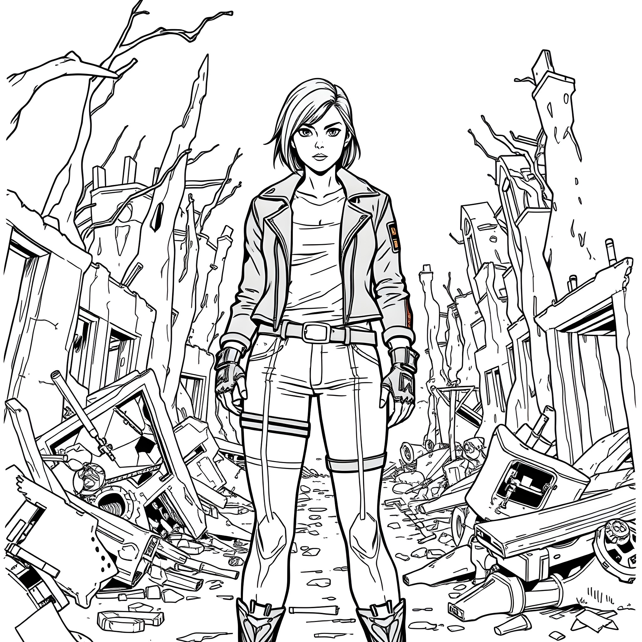 Clair Redfield exploring the ruined city Coloring Page (free black-and-white line drawing printable PDF for all, from beginners to advanced learners, including children, teens, adults, and seniors)