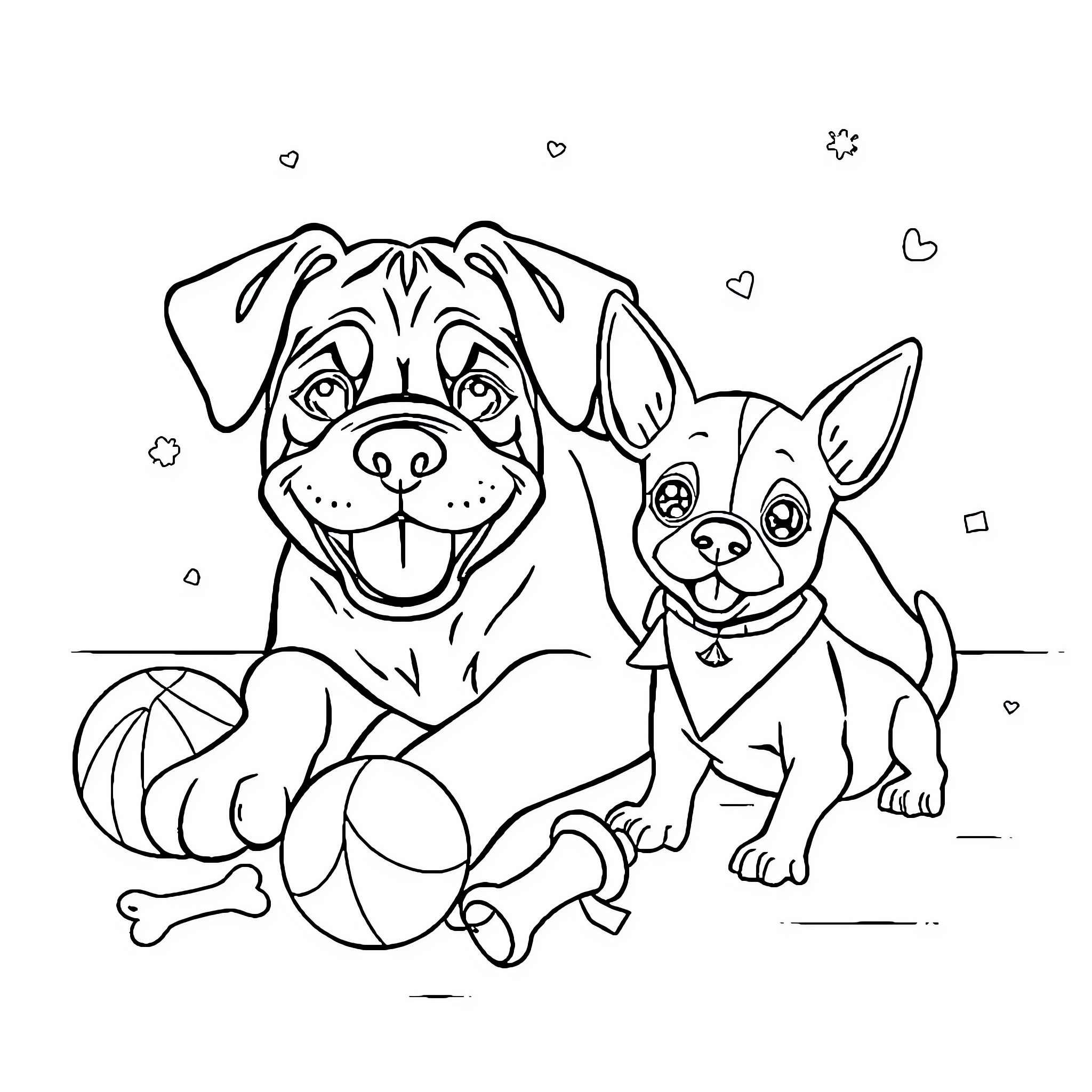 Dog friends playing with toys happily Coloring Page (free black-and-white line drawing printable PDF for all, from beginners to advanced learners, including children, teens, adults, and seniors)