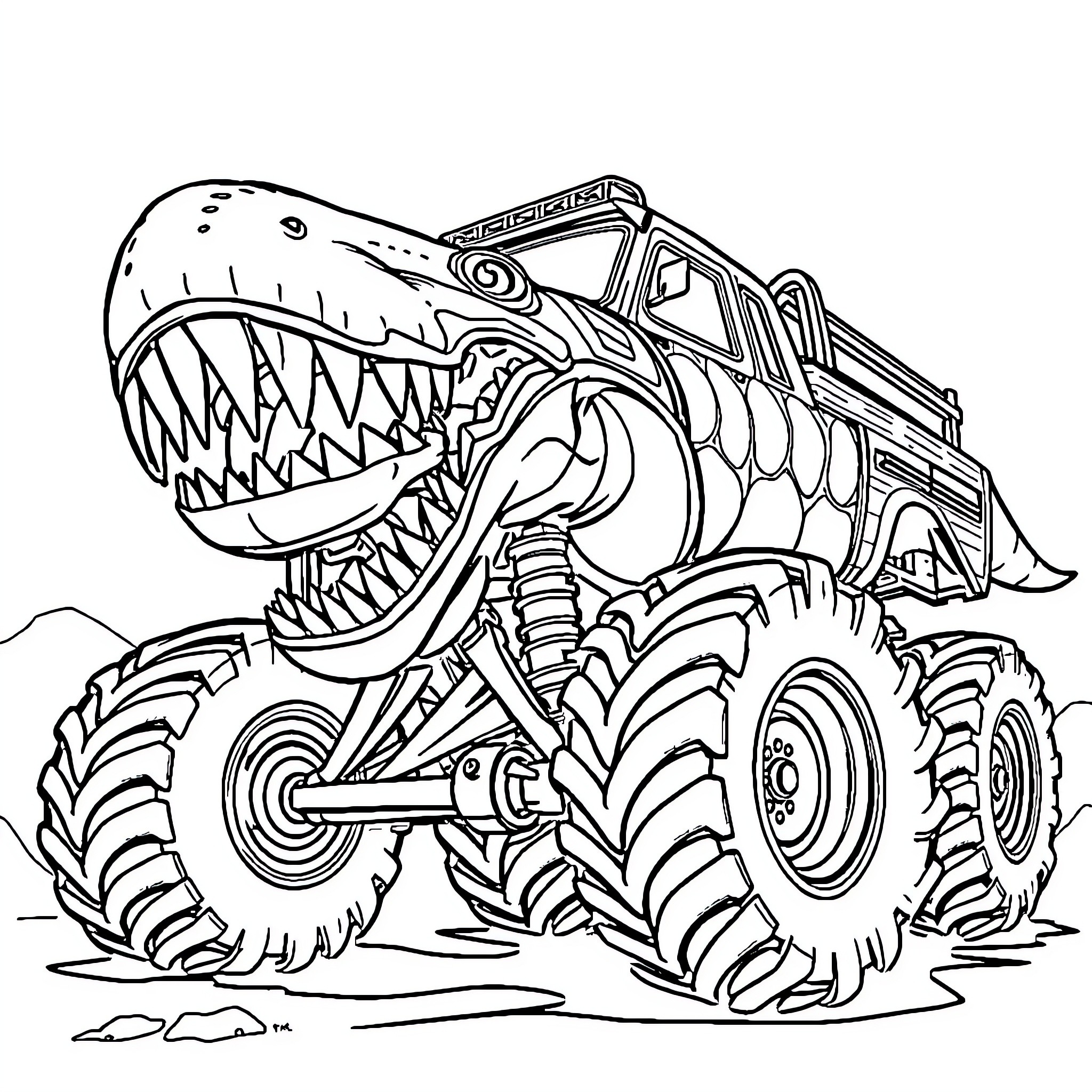Megalodon Monster Truck Crushing Terrain Coloring Page (free black-and-white line drawing printable PDF for all, from beginners to advanced learners, including children, teens, adults, and seniors)