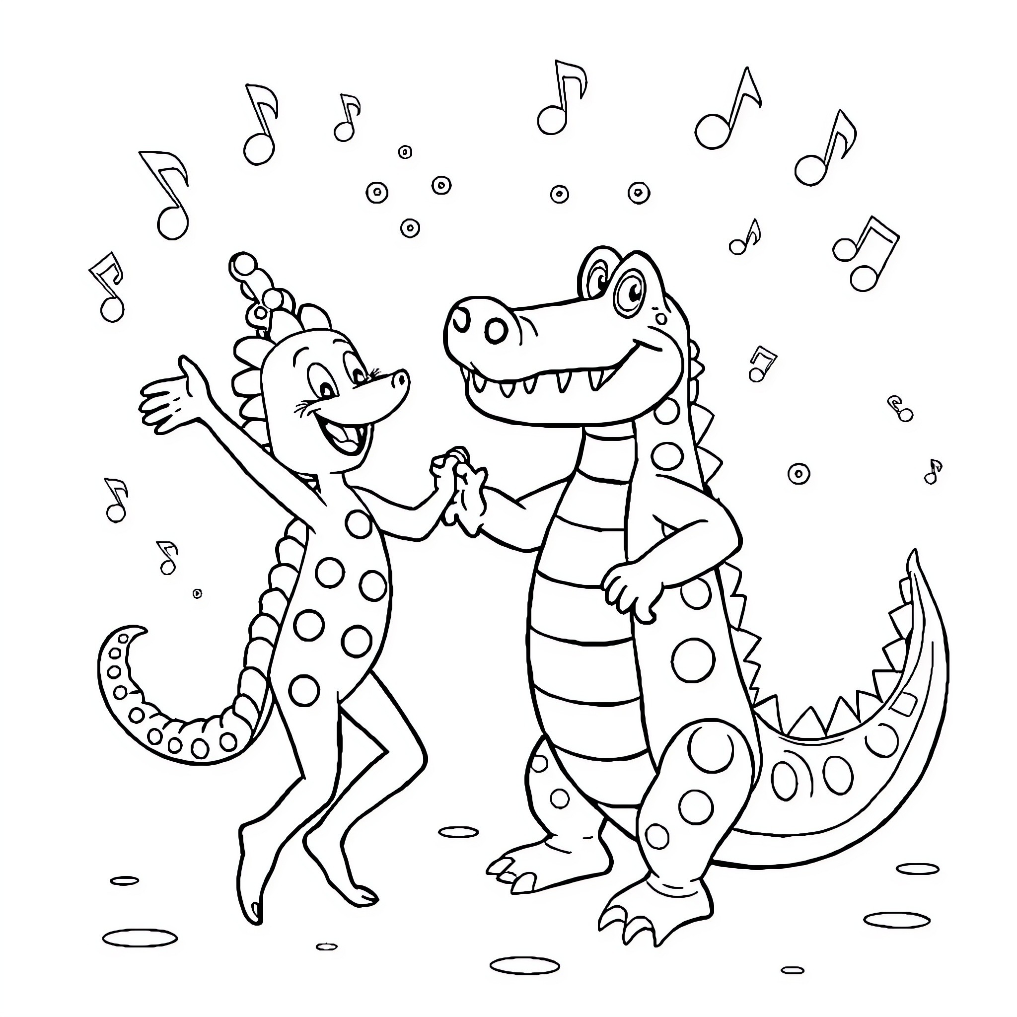 Crocodile siblings dancing and singing with music notes Coloring Page (free black-and-white line drawing printable PDF for all, from beginners to advanced learners, including children, teens, adults, and seniors)