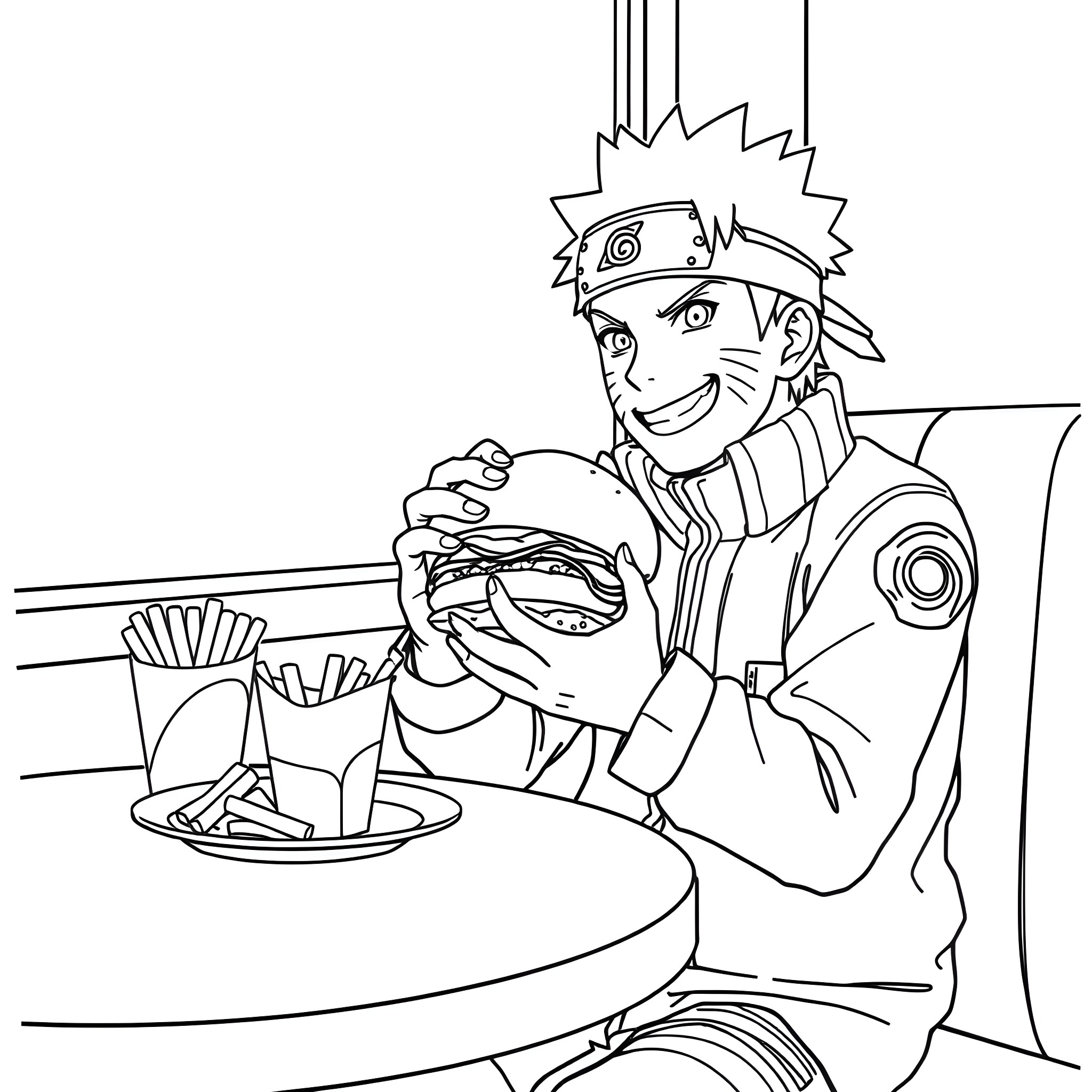 Naruto enjoying a delicious meal at a fast food restaurant Coloring Page (free black-and-white line drawing printable PDF for all, from beginners to advanced learners, including children, teens, adults, and seniors)
