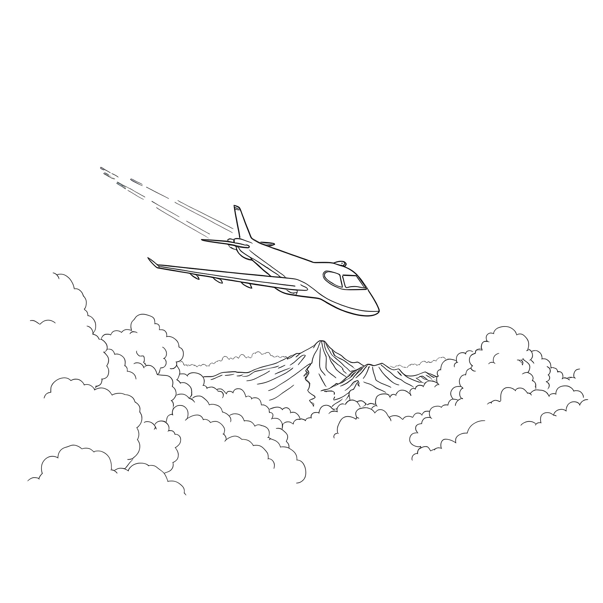 Airplane soaring through cloudy skies Coloring Page (free black-and-white line drawing printable PDF for all, from beginners to advanced learners, including children, teens, adults, and seniors)