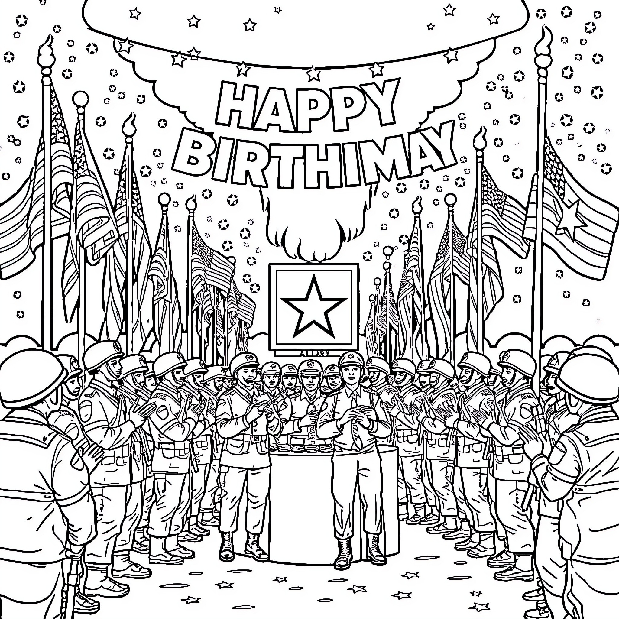 Army celebrating a joyous birthday event Coloring Page (free black-and-white line drawing printable PDF for all, from beginners to advanced learners, including children, teens, adults, and seniors)