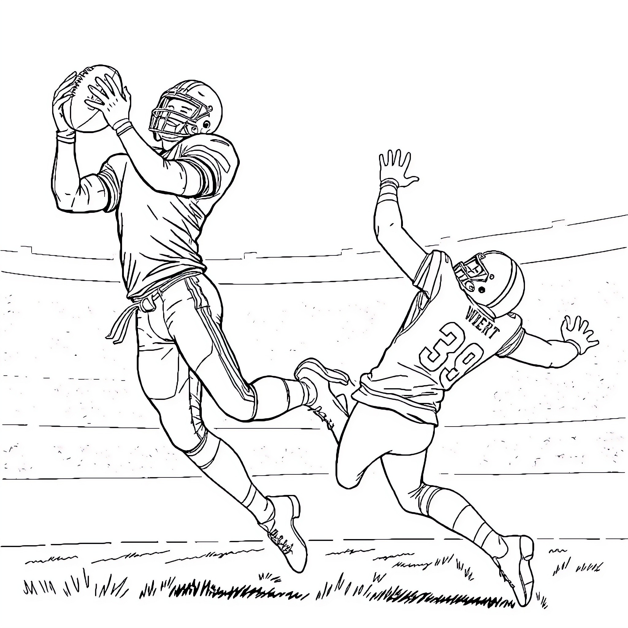 Football Players Engaged in Intense Competition Coloring Page (free black-and-white line drawing printable PDF for all, from beginners to advanced learners, including children, teens, adults, and seniors)