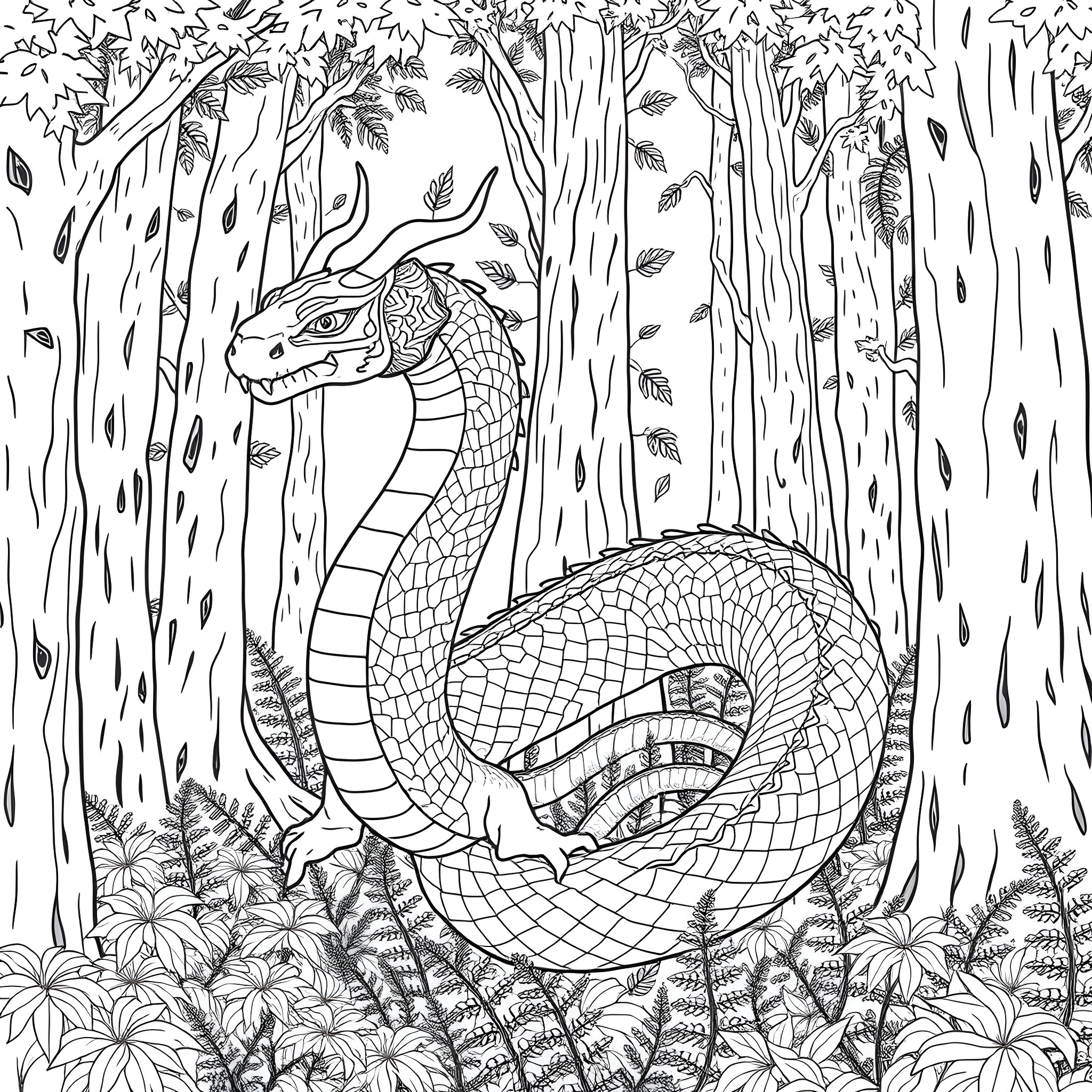 Uktena, the mystical serpent in the enchanted forest Coloring Page (free black-and-white line drawing printable PDF for all, from beginners to advanced learners, including children, teens, adults, and seniors)