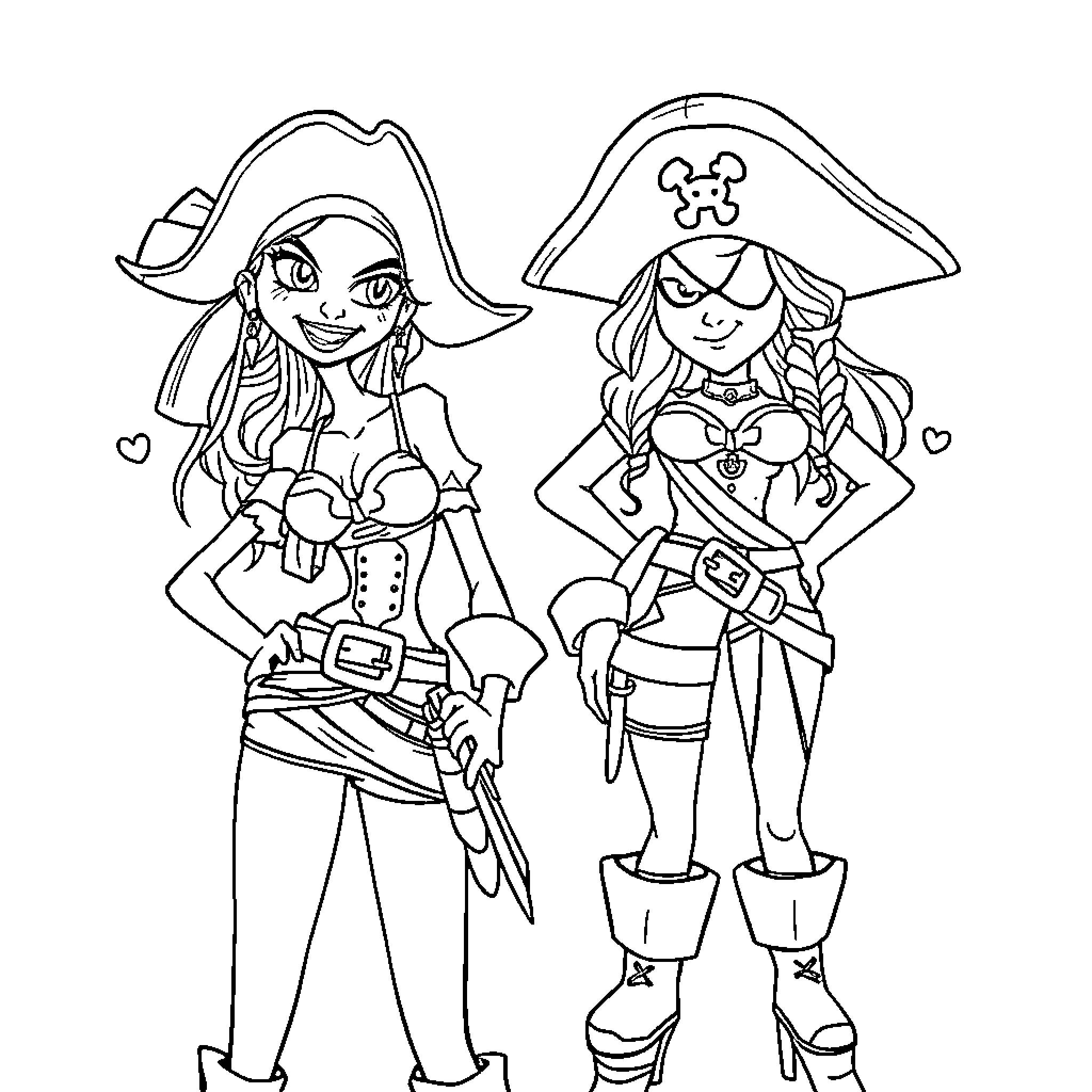 Pirate Women in Costumes and Poses Coloring Page (free black-and-white line drawing printable PDF for all, from beginners to advanced learners, including children, teens, adults, and seniors)