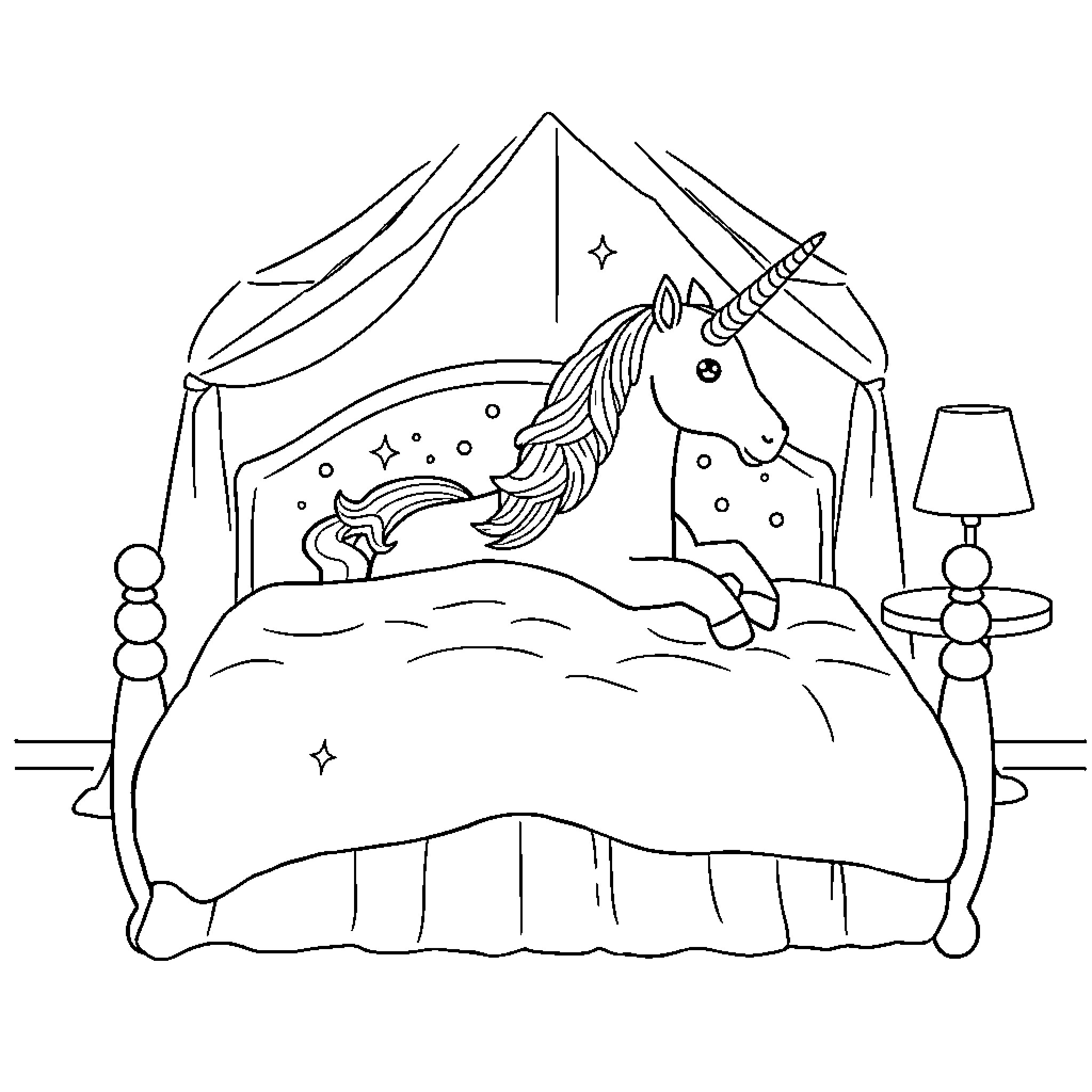 Unicorn resting peacefully in a cozy bedroom Coloring Page (free black-and-white line drawing printable PDF for all, from beginners to advanced learners, including children, teens, adults, and seniors)