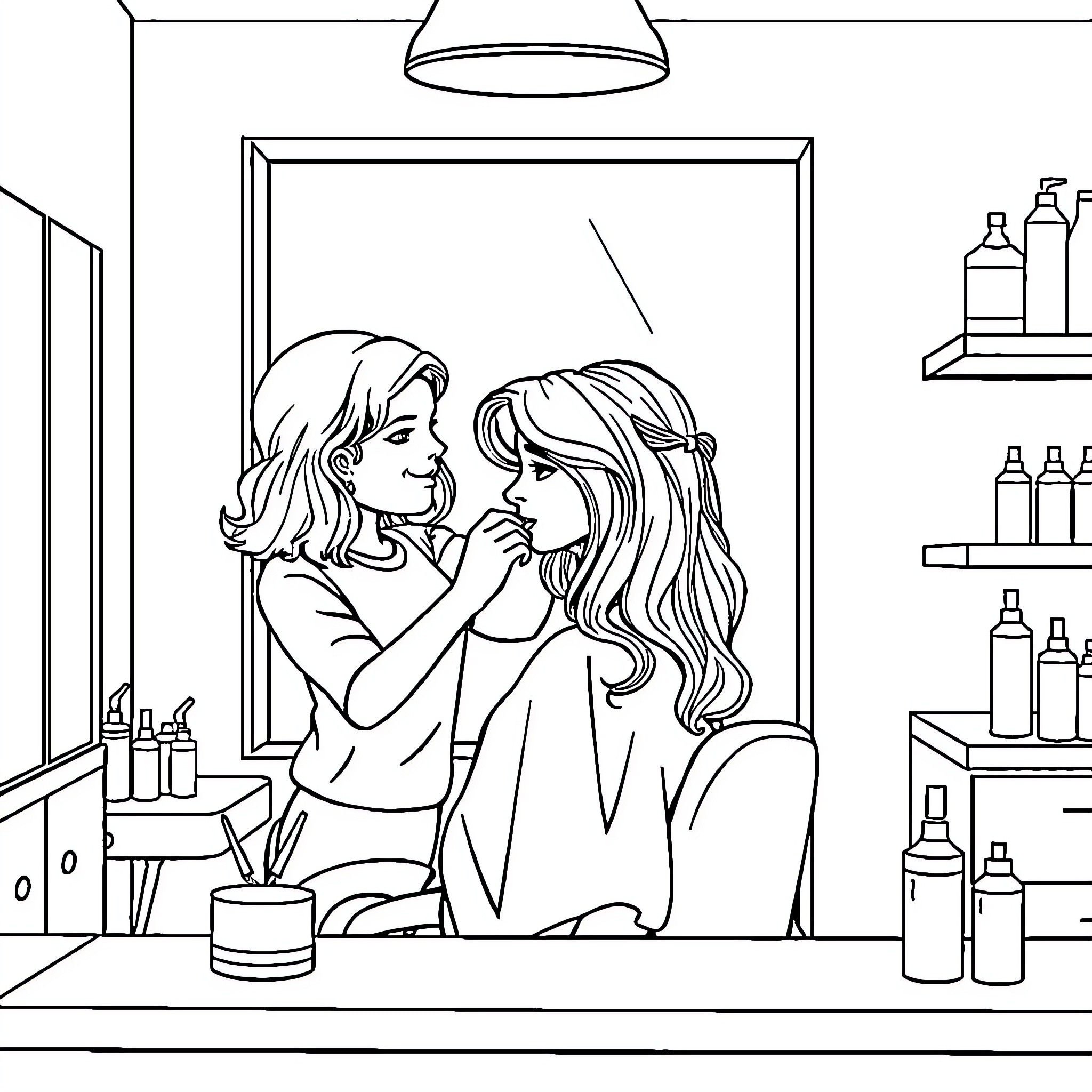 Hairdresser styling and primping two friends Coloring Page (free black-and-white line drawing printable PDF for all, from beginners to advanced learners, including children, teens, adults, and seniors)