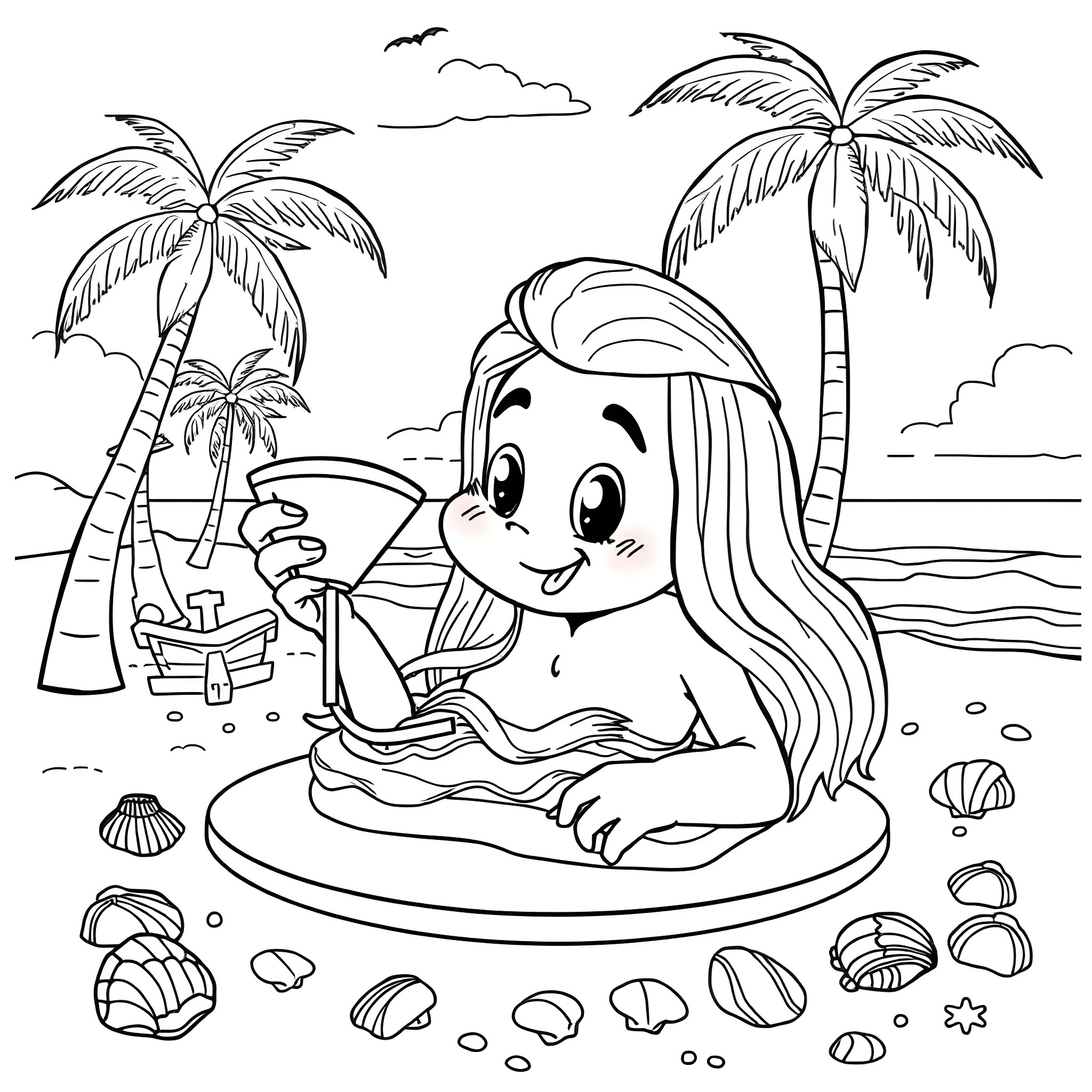Sydney Sweeney relaxing on the beach Coloring Page (free black-and-white line drawing printable PDF for all, from beginners to advanced learners, including children, teens, adults, and seniors)