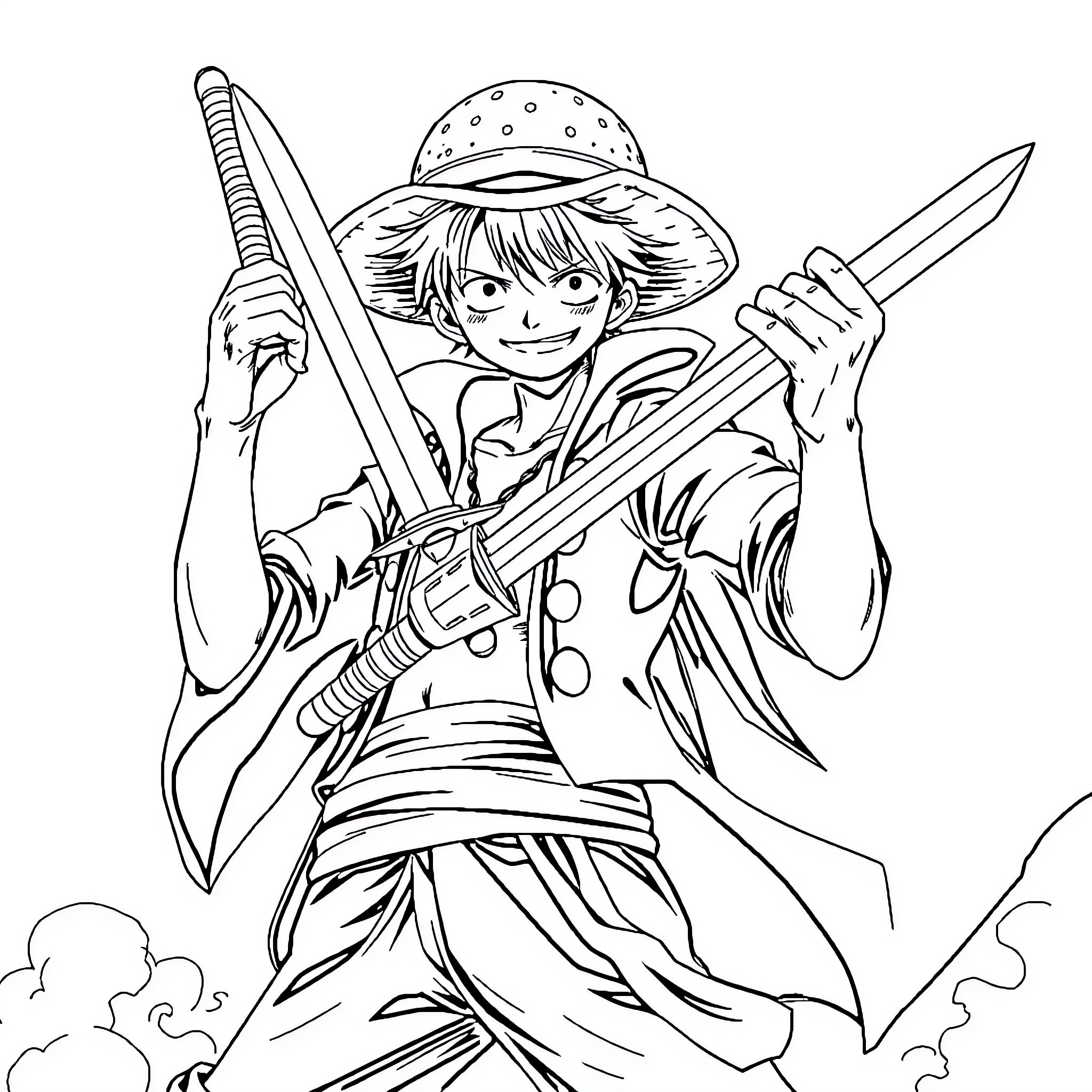 Luffy Embarks on an Adventurous Journey Coloring Page (free black-and-white line drawing printable PDF for all, from beginners to advanced learners, including children, teens, adults, and seniors)