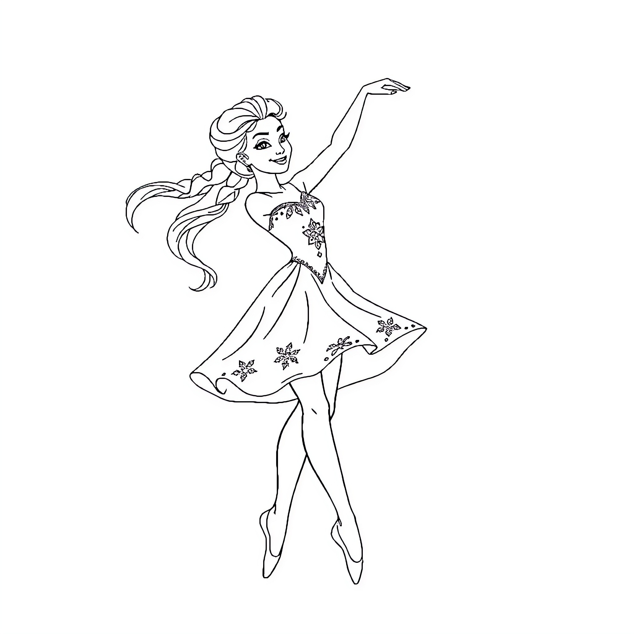 Elsa's Graceful Ballerina Pose Coloring Page (free black-and-white line drawing printable PDF for all, from beginners to advanced learners, including children, teens, adults, and seniors)