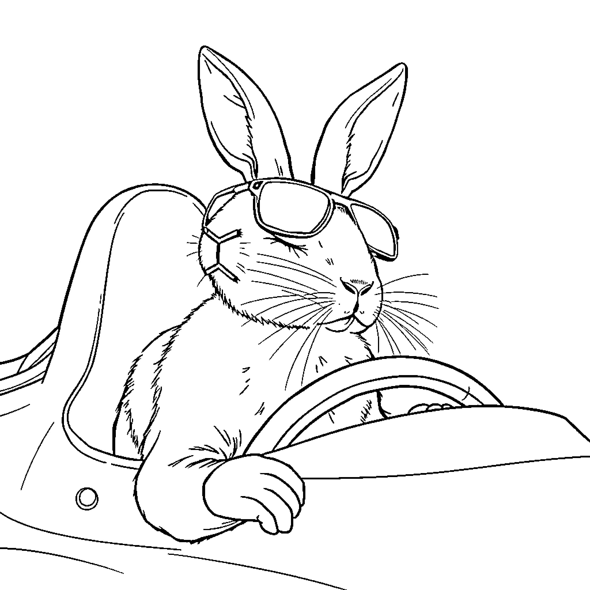 Rabbit driving a car with cool sunglasses Coloring Page (free black-and-white line drawing printable PDF for all, from beginners to advanced learners, including children, teens, adults, and seniors)