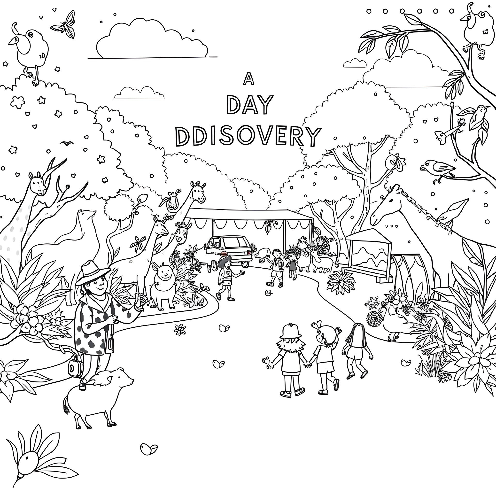 Zoo Day Discovery With Animals and Visitors Coloring Page (free black-and-white line drawing printable PDF for all, from beginners to advanced learners, including children, teens, adults, and seniors)