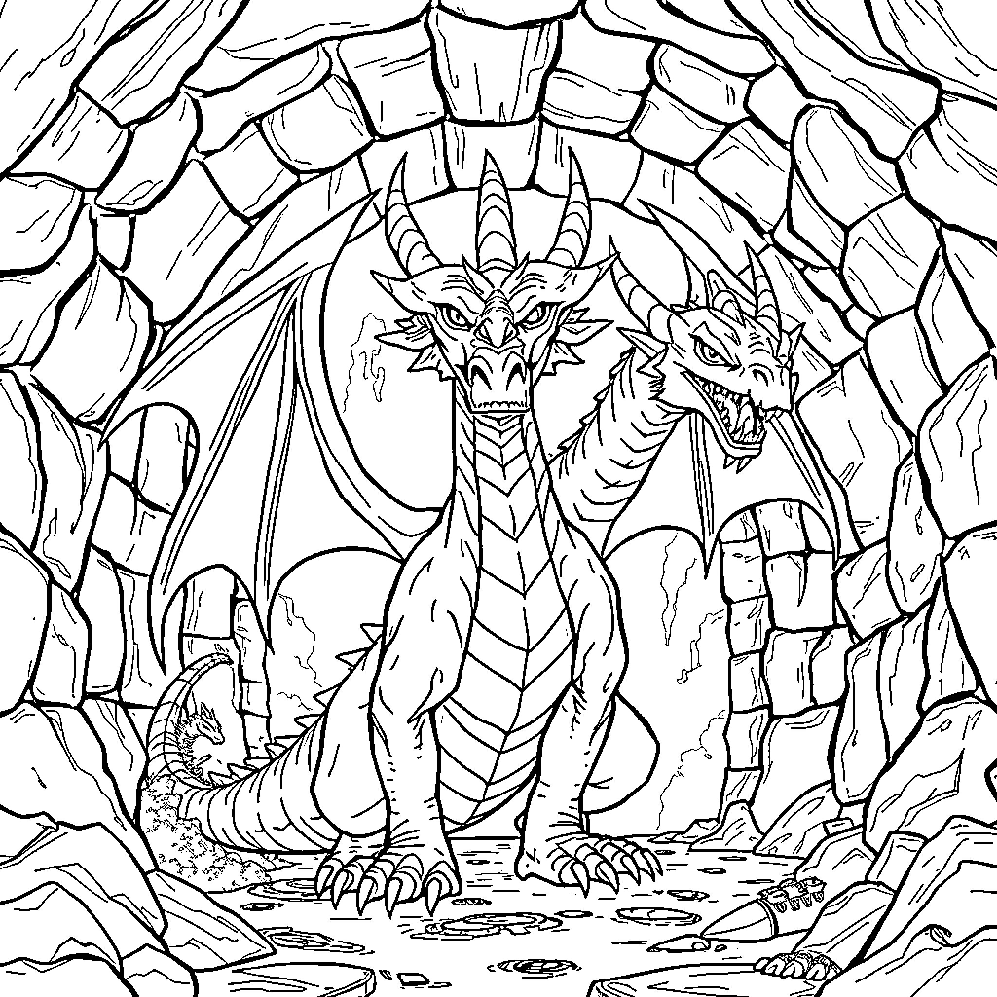 Dragon emerging from rocky cave Coloring Page (free black-and-white line drawing printable PDF for all, from beginners to advanced learners, including children, teens, adults, and seniors)