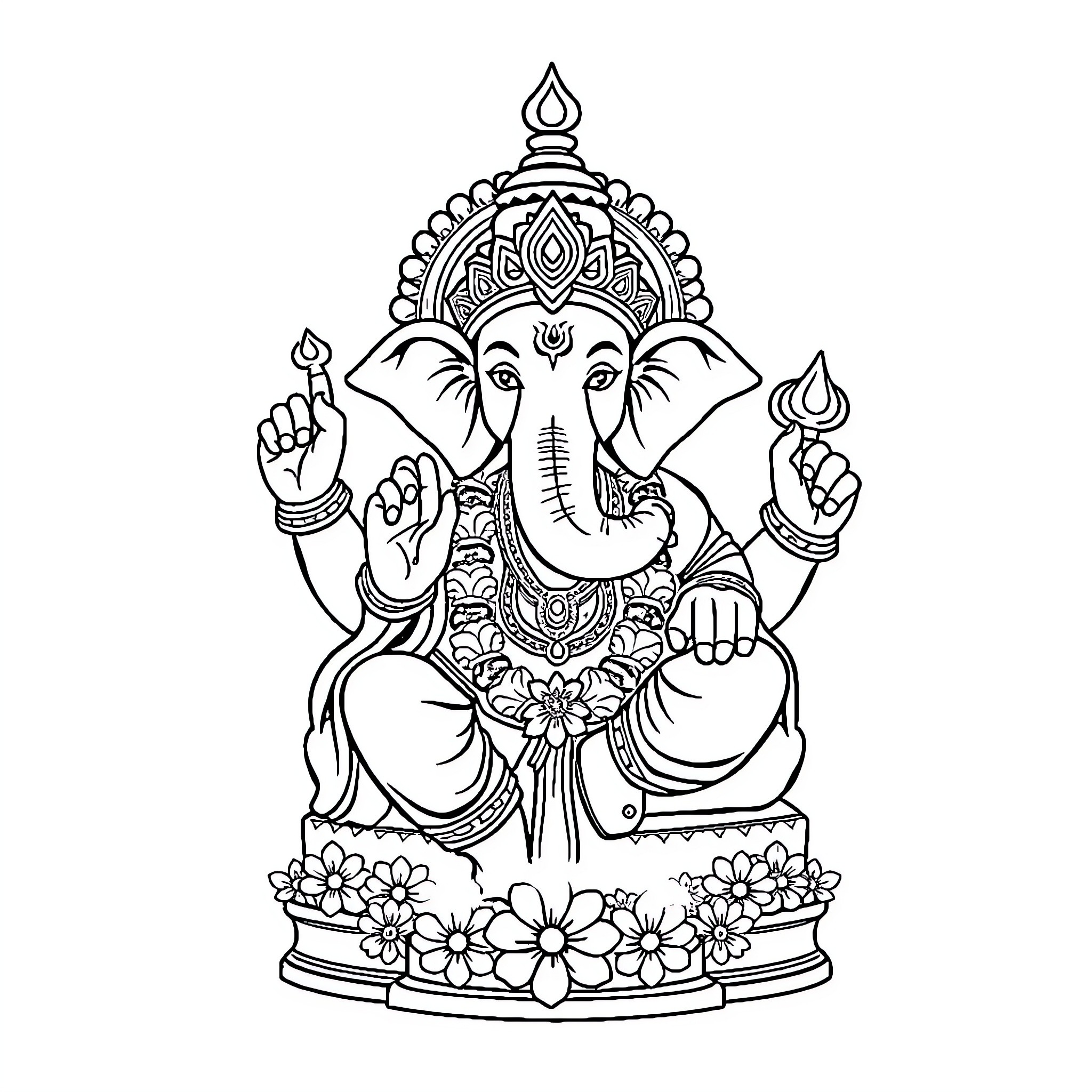 Ganpati sitting peacefully with floral decor Coloring Page (free black-and-white line drawing printable PDF for all, from beginners to advanced learners, including children, teens, adults, and seniors)